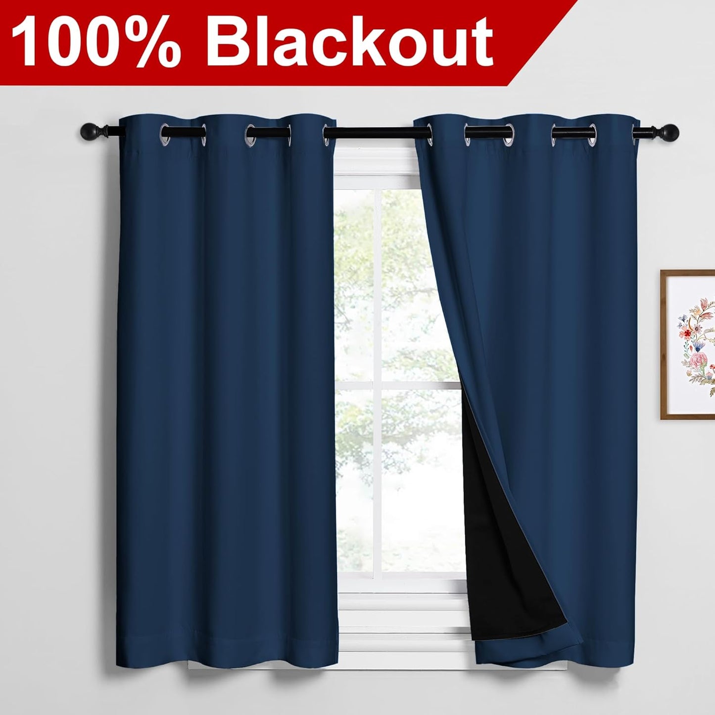 NICETOWN Moroccan Blue 100% Blackout Curtains 2 Panels with Black Liners, Thermal Insulated Full Blackout 2-Layer Lined Drapes, Noise Cancellation Window Draperies for Dining Room (42" W by 54" L)