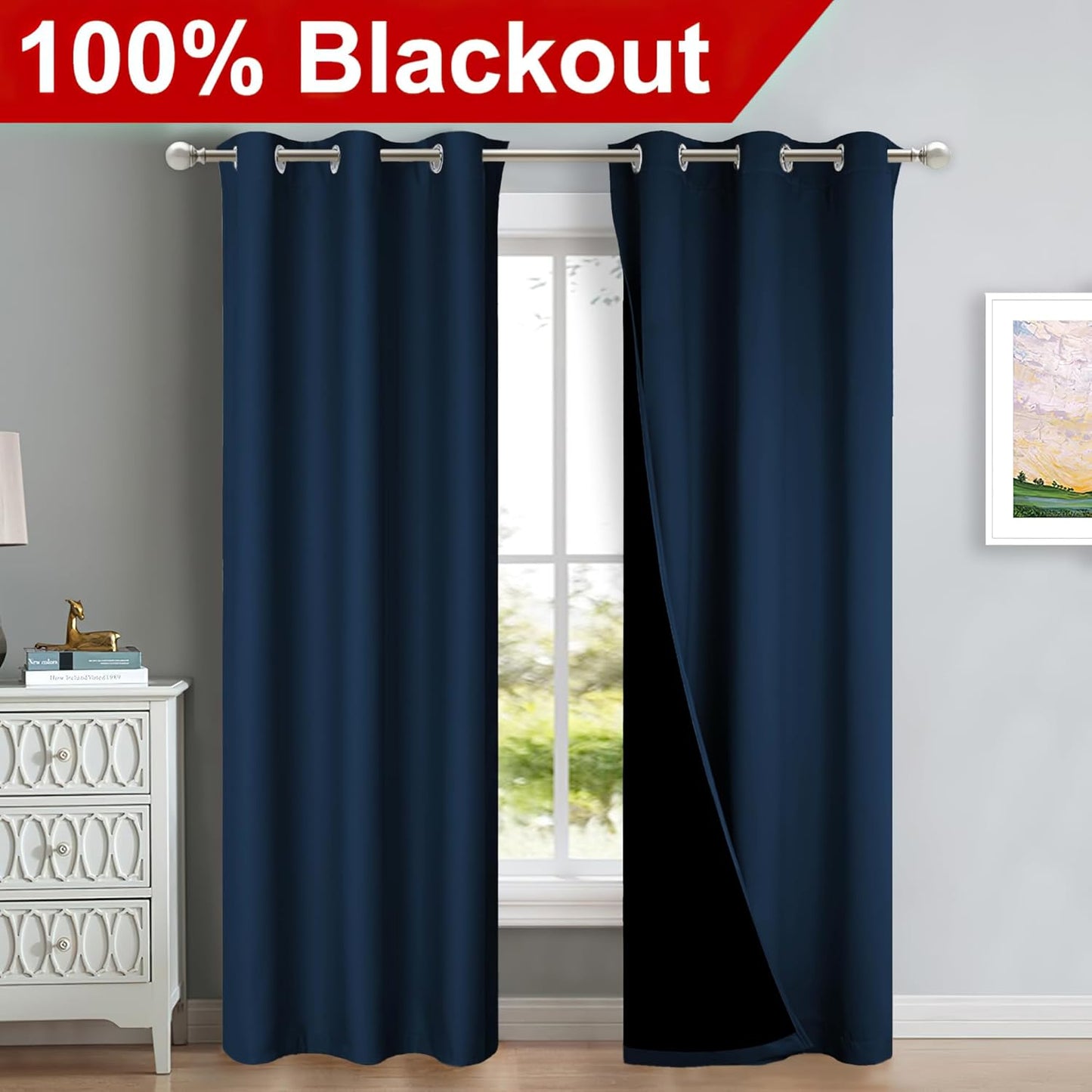 NICETOWN Blackout Curtains 80 inches Long, Full Light Blocking Drapes with Black Liner for Nursery, Thermal Insulated Draperies for Hall, Villa (Moroccan Blue, 2 Pieces, 42" Wide Each Panel)