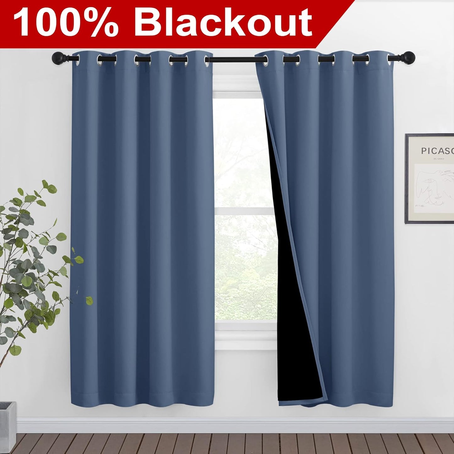 NICETOWN Full Shade Curtain Panels 72 inches Long, Pair of Energy Smart & Noise Blocking Out Blackout Drapes for Guest Room Window, Thermal Insulated Lined Window Dressing (Stone Blue, 46 inch)