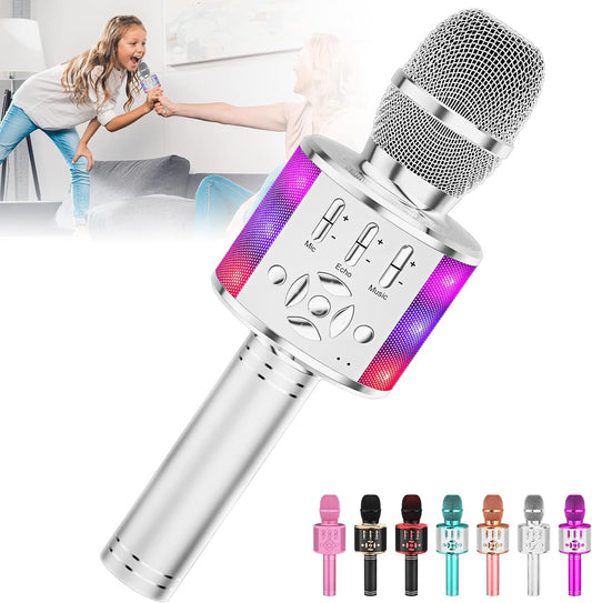 Amazmic Kids Karaoke Microphone Machine Toy Bluetooth Microphone Portable Wireless Karaoke Machine Handheld with LED Lights, Gift for Children Adults Birthday Party, Home KTV(Silver)
