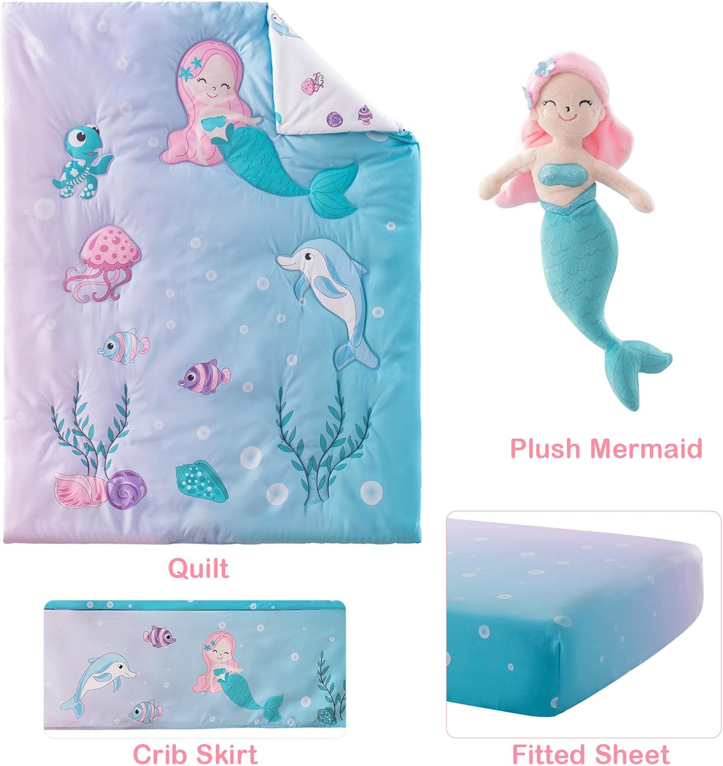 4 Piece Crib Bedding Set for Boys Girls, Infant Toddler Nursery Baby Bedding Sets Includes Cartoon Quilt, Fitted Crib Sheet, Crib Skirt and Plush Mermaid Toy