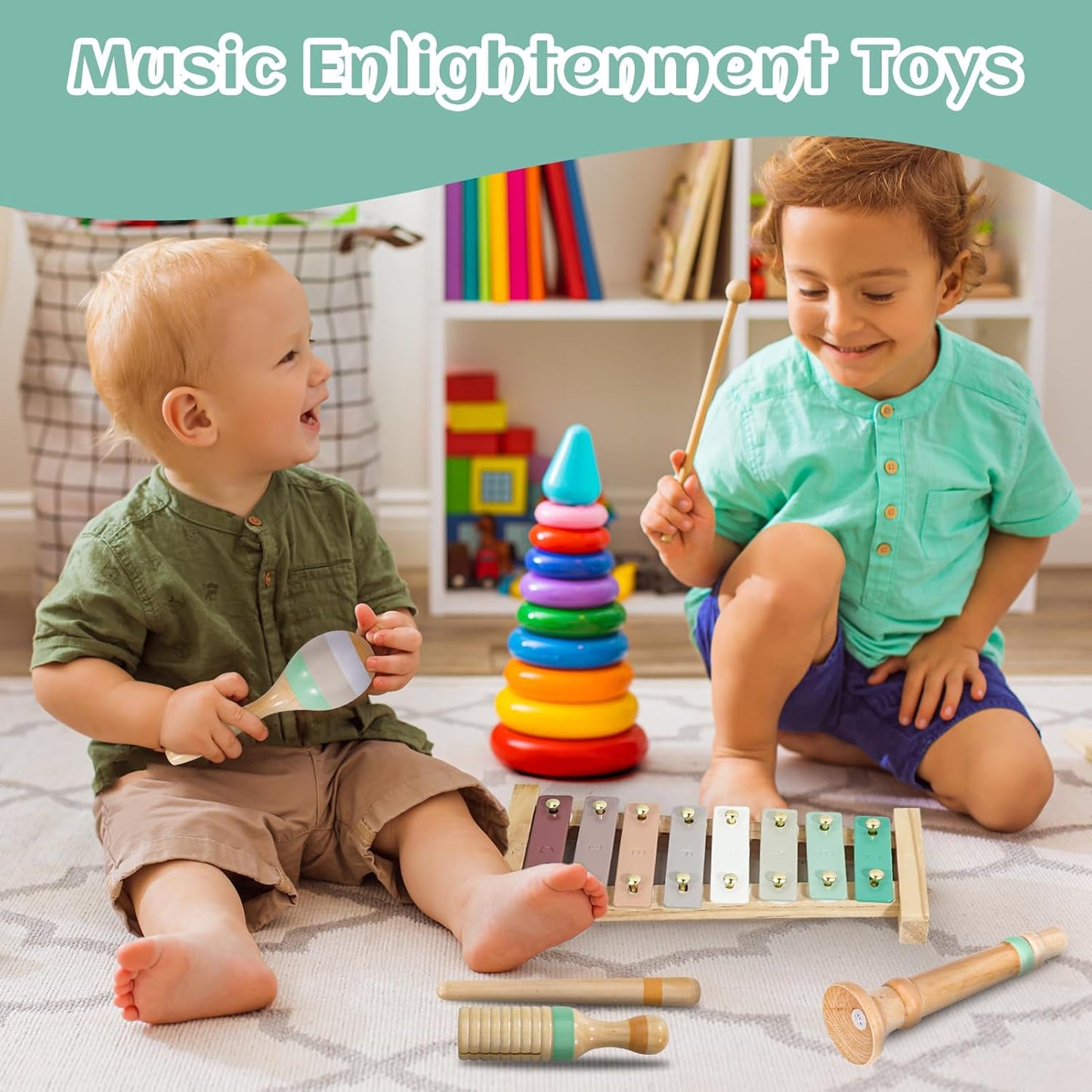 Raimy Musical Instruments Set - Neutral Colors Wooden Montessori Toys Percussion Music Modern Boho Xylophone Birthday Gifts for 1 2 3 Year Old Kids Baby Toddlers Boys Girls 3+ with Storage Bag
