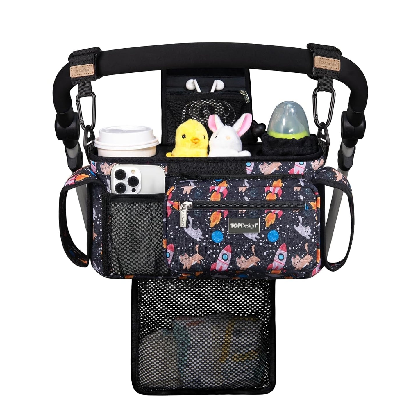 TOPDesign Universal Baby Stroller Organizer, Stroller Caddy with Detachable Mesh Bag & Heightened Insulated Cup Holders & Non-Slip Secure Hooks Accessories, Fits Most Strollers (Cats & Rockets)