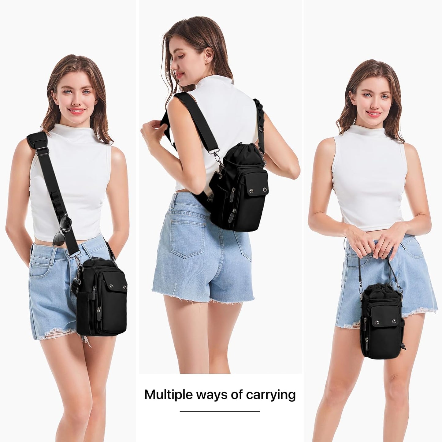 Water Bottle Holder with Strap 32 40oz Crossbody Insulated Water Bottle Carrier Sling Bag with Adjustable Wide Strap and Phone Purse 5 Pockets for Walking Hiking Gym Travel