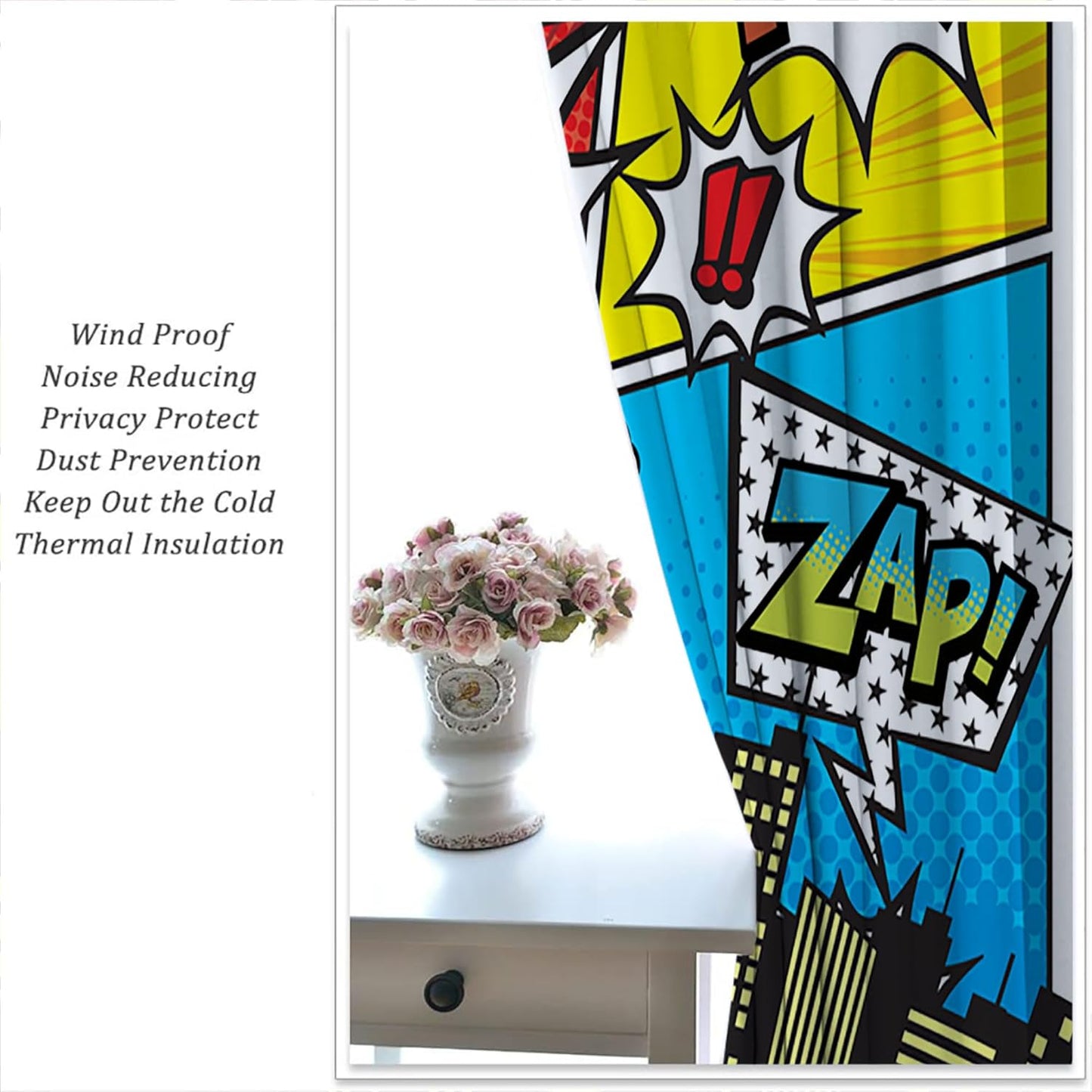 Superhero City Wars Explosion Rod Pocket Blackout Curtains for Boy Girl Bedroom, Colorful Comics Ar Home Energy Efficient Light Filtering Window Curtain for Living Room, 84x63 inch