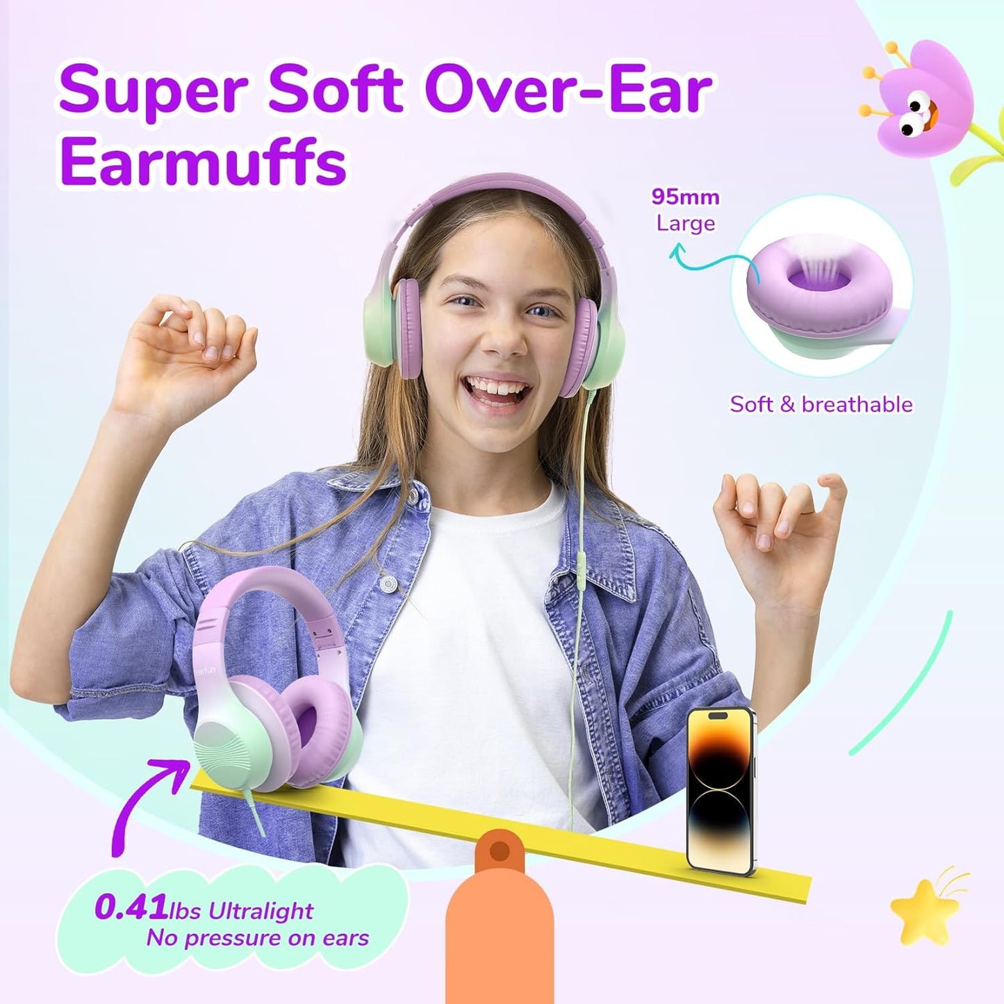 EarFun K3 Kids Headphones, Over Ear Headphones with Microphones, 85/94dB Volume Limit, HD Stereo Sound, Foldable Wired Headphone for School/Travel/Boys/Girls/Tablet/iPad (3.5mm Plug with Mic, Violet)