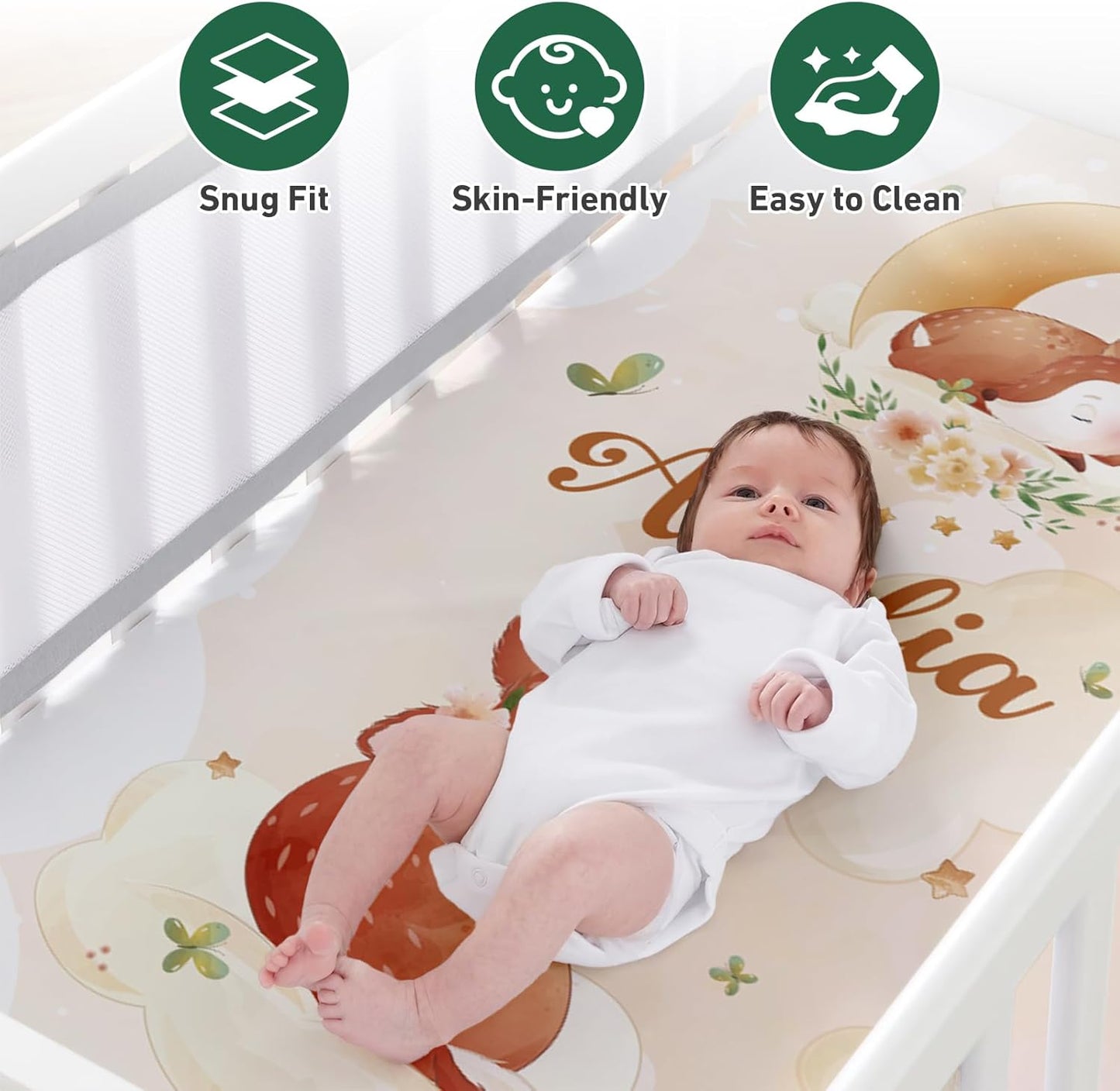 Personalized Baby Crib Bedding Set - Custom Name Fox Pattern 3 Pcs Set - Soft Blanket with Double Layer Dotted Backing, Fitted Sheet, Room Rug for Newborns Boys Girls Shower Gift