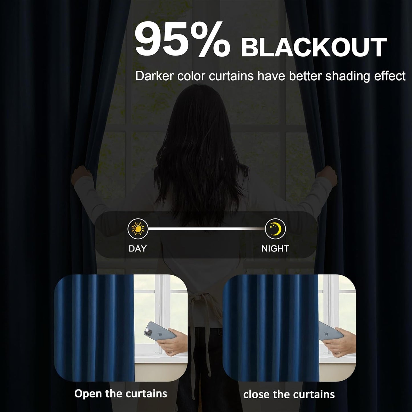 Navy Blue Blackout Pinch Pleated Curtains for Living Room, Aesthetic Bedroom Room Darkening Curtain 105 Inches Long 100" W x 105" L-2 Panels