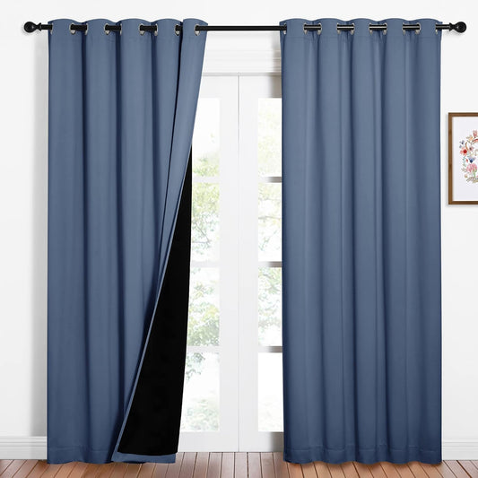 NICETOWN 100% Blackout Curtains 84 inches Long, Pair of Energy Smart & Noise Blocking Out Drapes for Baby Room Window, Thermal Insulated Guest Room Lined Window Dressing (Stone Blue, 62 inches Wide)