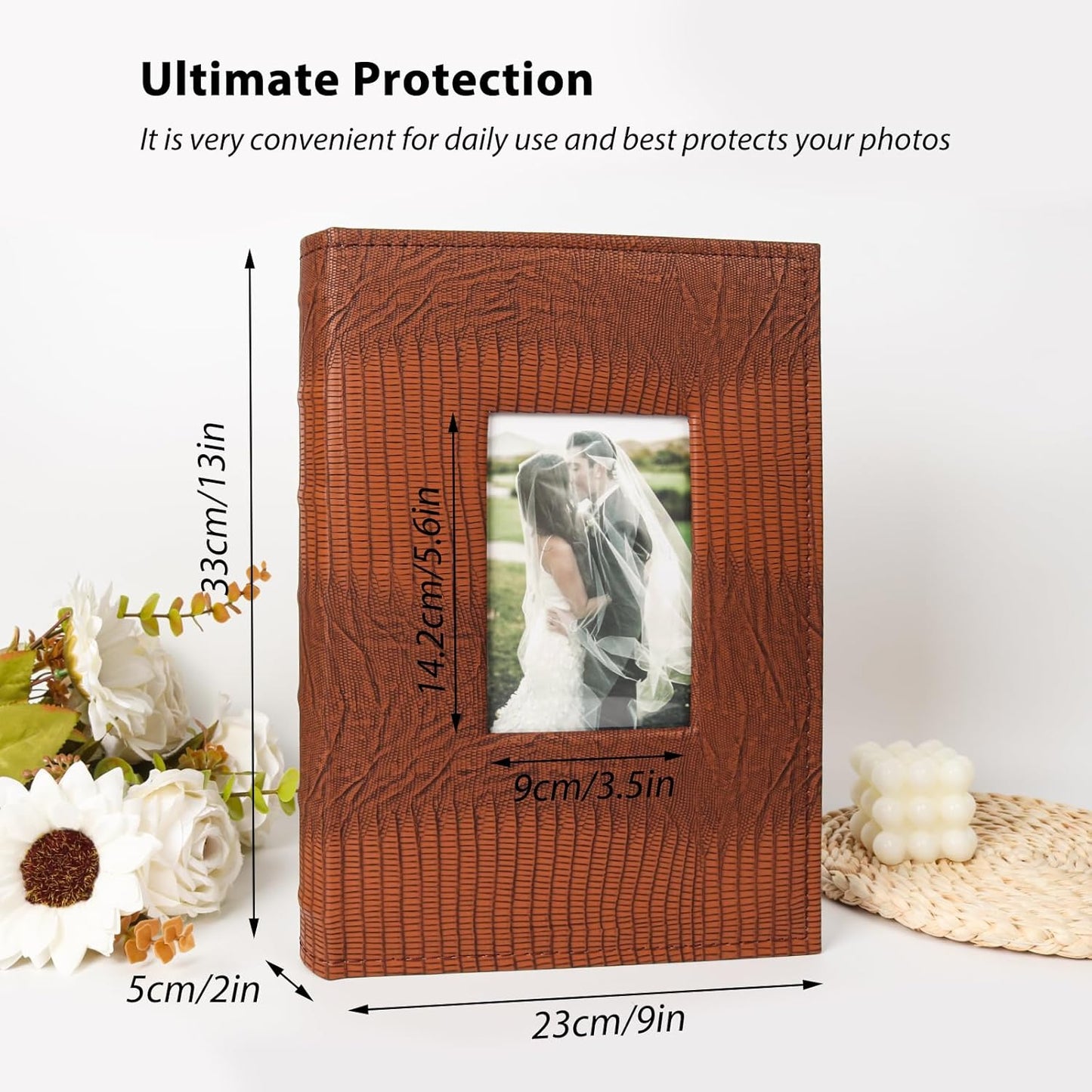 RECUTMS Photo Album with Writing Space 50 Sheets Hold 300 4x6 Photos,Leather Cover with Front Window Slip-in Picture Album for Wedding Family Baby Vacation (Brown)