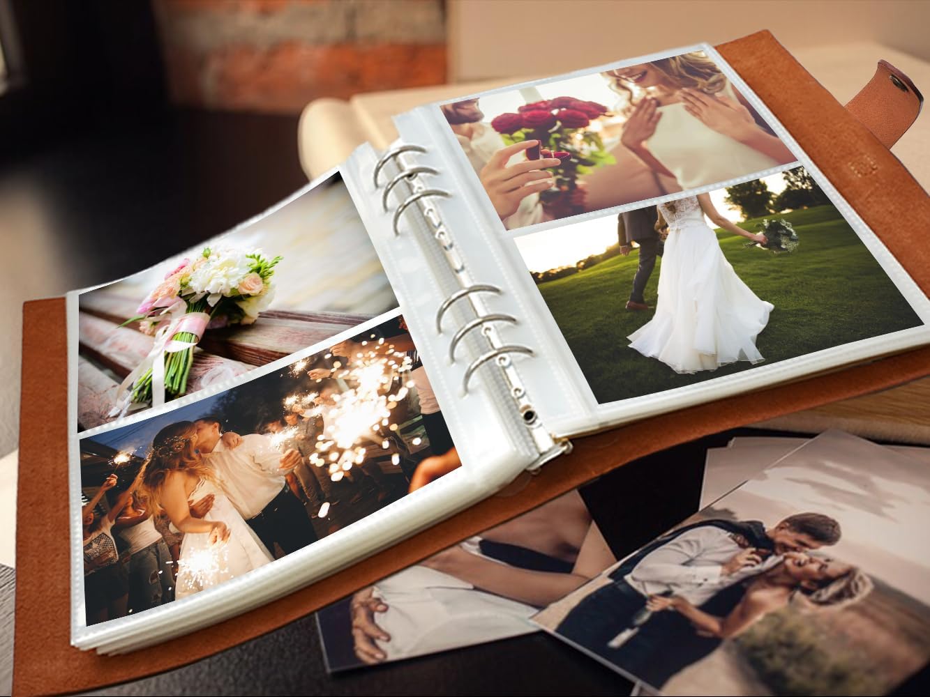 Genuine Leather Photo Album, 4x6 for 300 Photos, with Writing Space of 40 Writing Paper, Binder Pocket, Travel Family Wedding Kids Graduation Baby Picture Album Scrapbook, Wine Brown