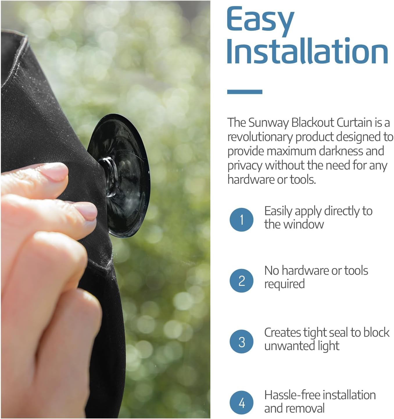 SUN AWAY Portable Blackout Curtain with Suction Cups - Premium Easy Install Shade No Tools Required - Temporary Blinds, Perfect for Baby Nursery or Dorm Room - with Travel Bag (66” Long x 51” Wide)