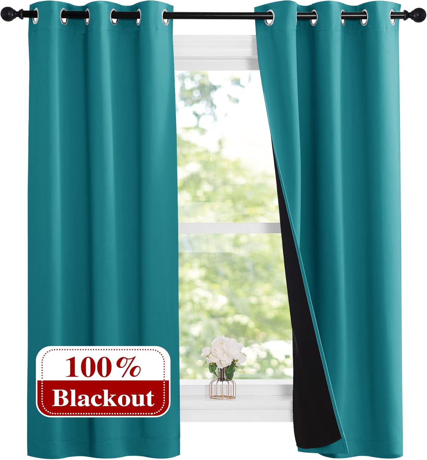 NICETOWN Peacock Teal 100% Blackout Lined Curtains, 2 Thick Layers Narrow Wide Window Treatment Panels Thermal Insulated Drapes for Kitchen Small Window (1 Pair, 37" Width x 63" Length Each Panel)