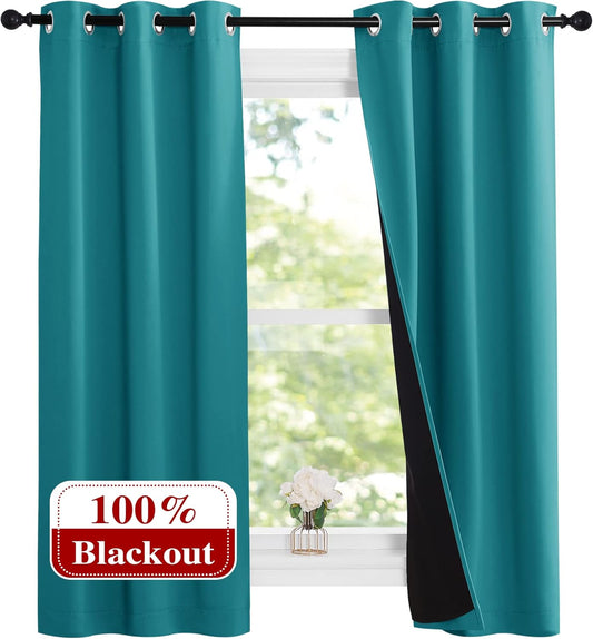 NICETOWN Peacock Teal 100% Blackout Lined Curtains, 2 Thick Layers Narrow Wide Window Treatment Panels Thermal Insulated Drapes for Kitchen Small Window (1 Pair, 37" Width x 63" Length Each Panel)