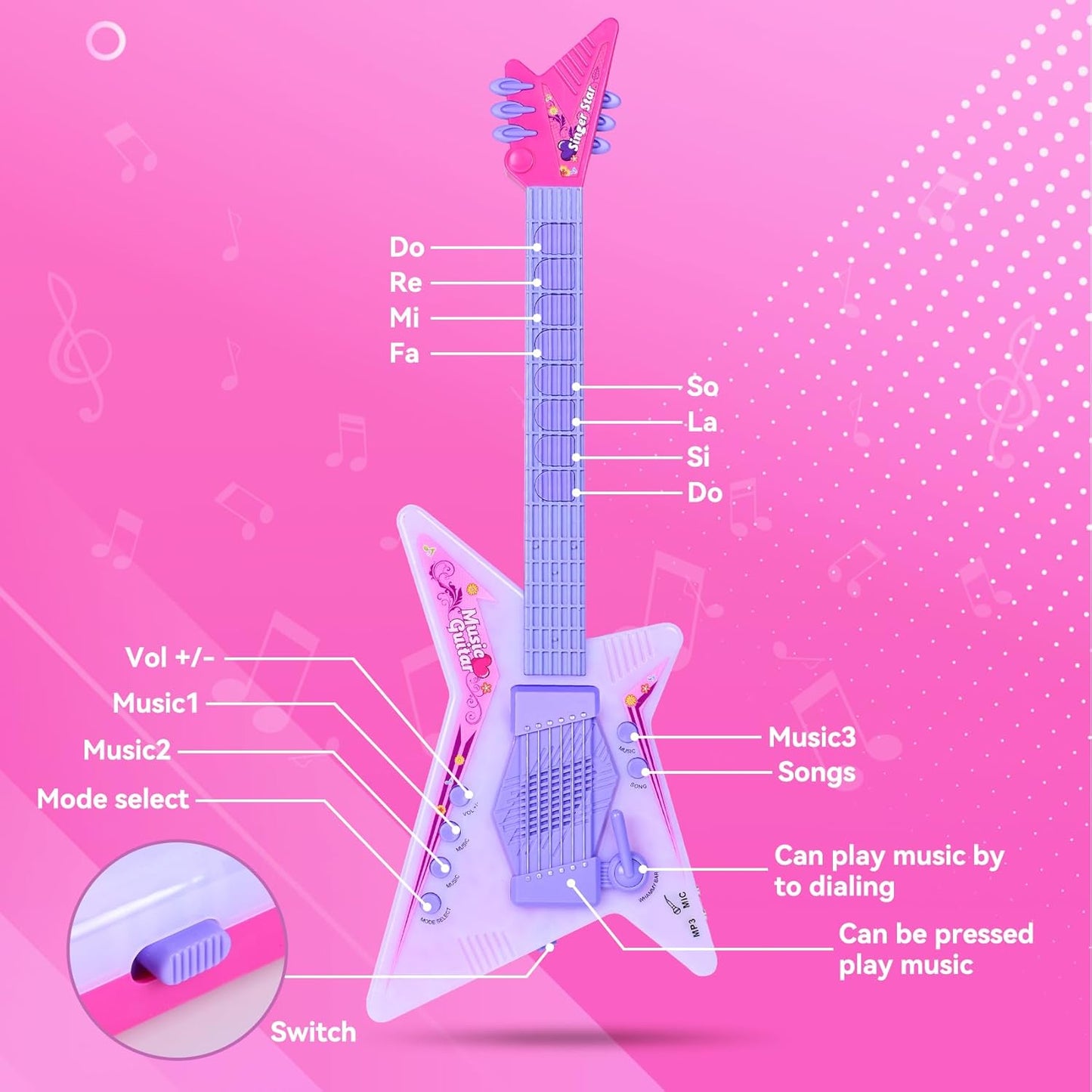 Guitar and Microphone Play Set for Girls,Kids Music Toys,Karaoke Machine with Music&Light,Music Instruments for Toddlers,Educational Toys Gift for Children