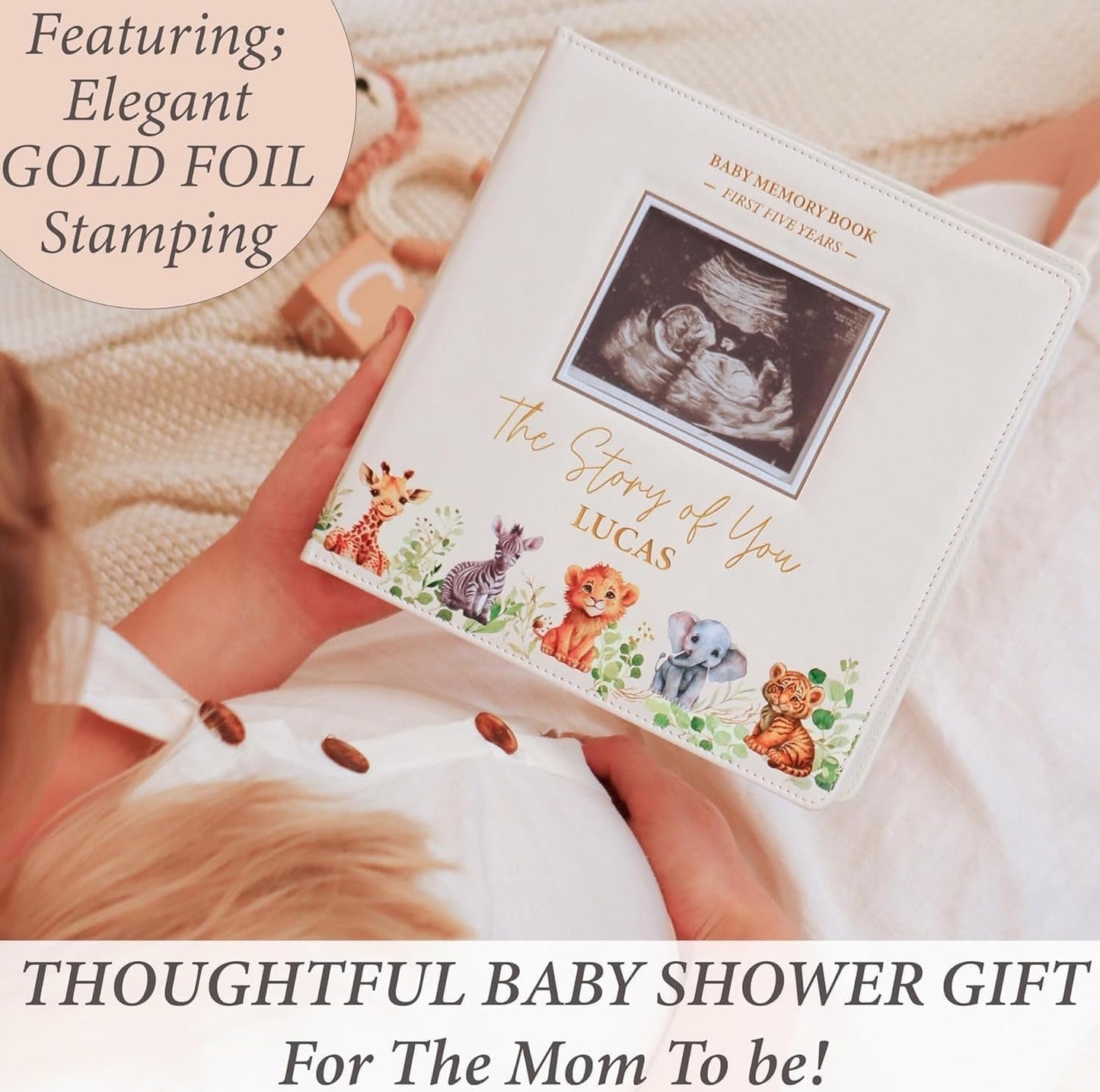 Personalized Faux Leather Baby Memory Book Keepsake for Boy or Girl - Enter any Name w/Gold Foil Stamp for Special Touch I First 5 Year I Gender Neutral, Safari Theme - Baby First Year Book