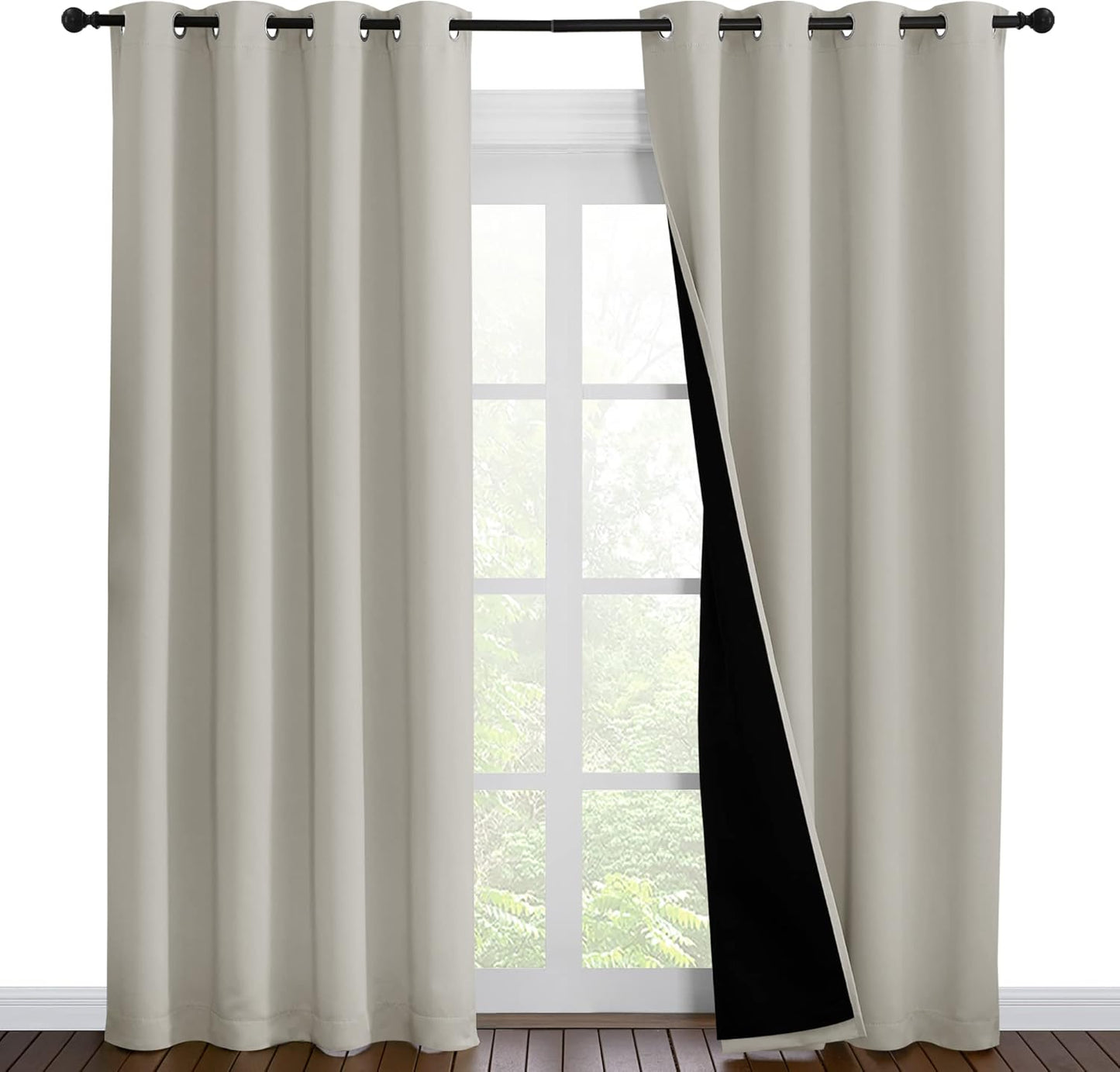 NICETOWN 100% Blackout Window Curtain Panels, Cold and Full Light Blocking Drapes with Black Liner for Nursery, 86 inches Drop Thermal Insulated Draperies (Natural, 2 Pieces, 55" Wide Each Panel)