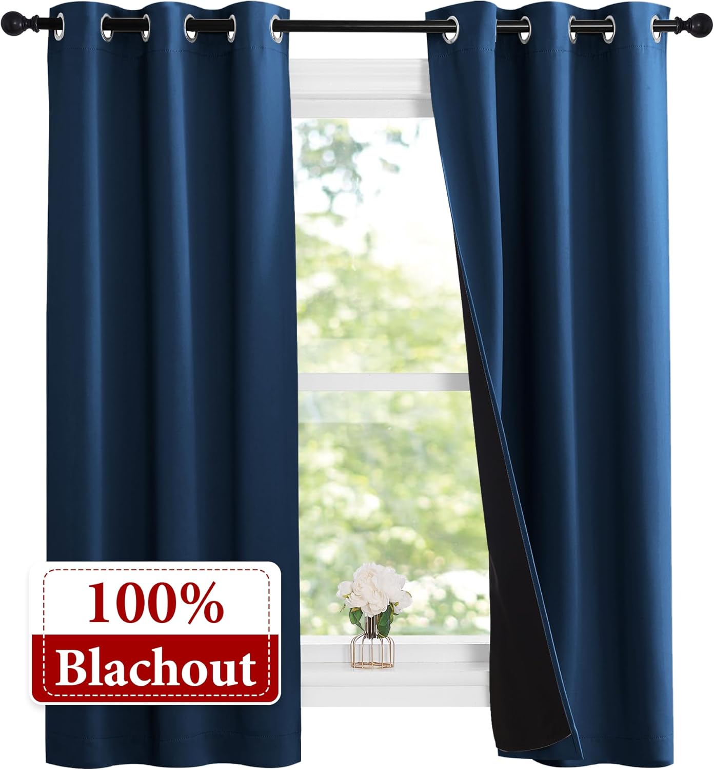 NICETOWN Moroccan Blue Full Shade Curtain Panels, 37" Wide x 70" Long, Pair of Thermal Insulated & Energy Efficiency Blackout Curtains for Living Room Windows, Lined Silky Performance Window Dressing