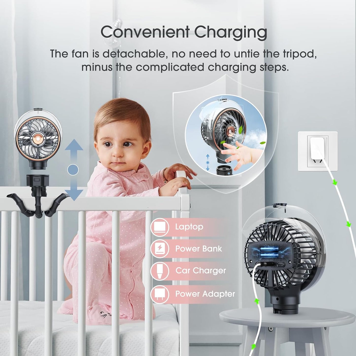 Ausic Stroller Fan with Mist, 100ml Misting Portable Fan for Stroller, Safe Baby Fans with Detachable Tripod, Baby Essentials, Clip on Fans for Crib, Treadmill, Car Seat, Outdoor, Beach, Golf Cart