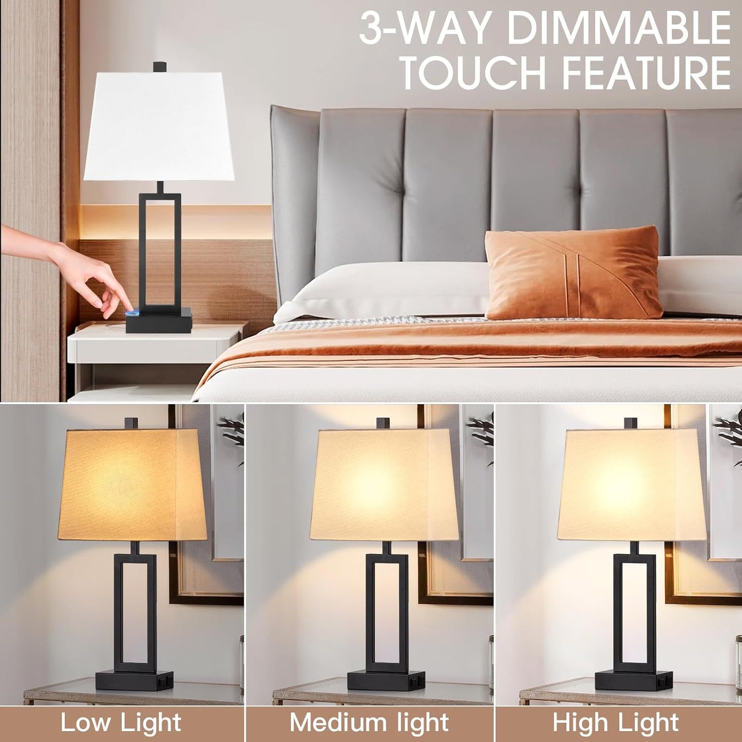 23.5" Touch Control Table Lamps Set of 2, Bedside Lamp with 2 USB Ports & AC Outlet, 3-Way Dimmable Nightstand Lamp with White Linen Shade for Living Room Bedroom End Table Office(2 LED Bulb Included)