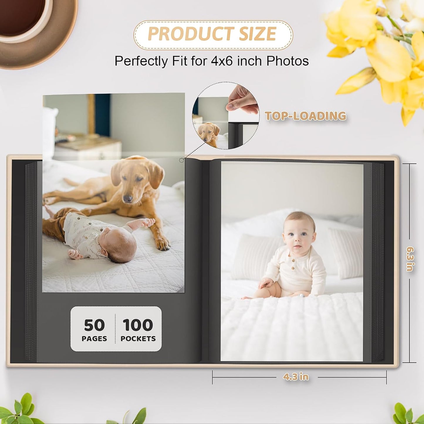 Popotop Photo Album 4x6 100 Pockets with Leather Hardcover Cover, Small Photo Album Holder Book with 50Pcs Pages for Family Travel Wedding Baby Gifts