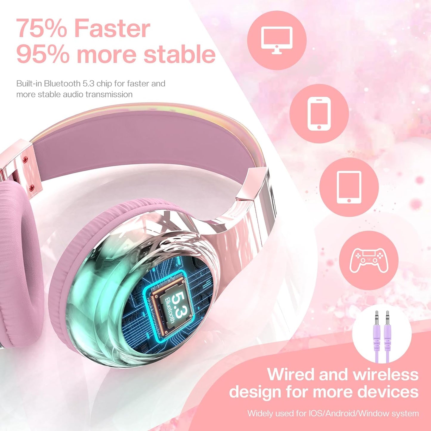 QearFun Kids Bluetooth 5.3 Headphones, Wireless Metallic Gradient Headset, Lightweight Foldable On Ear Headphones with Aux Cord, Fast Charging, Built-in Mic, for School/Travel/Tablet/iPad