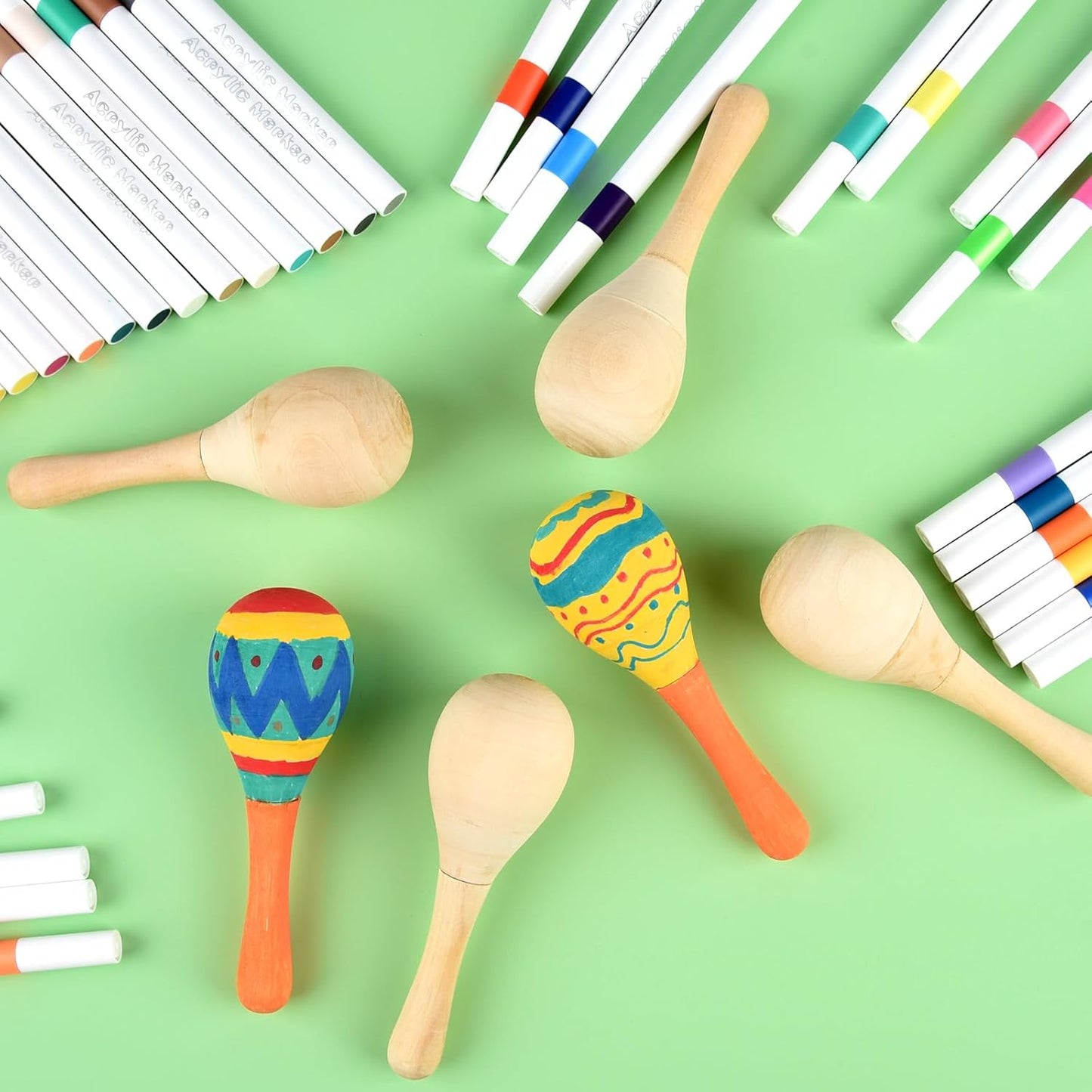 NEBURORA 6Pcs DIY Mini Unfinished Wooden Maracas with 6Pcs Multicolor Pens Fiesta Mexican Maracas Favors Cinco De Mayo Party Supplies Decorations