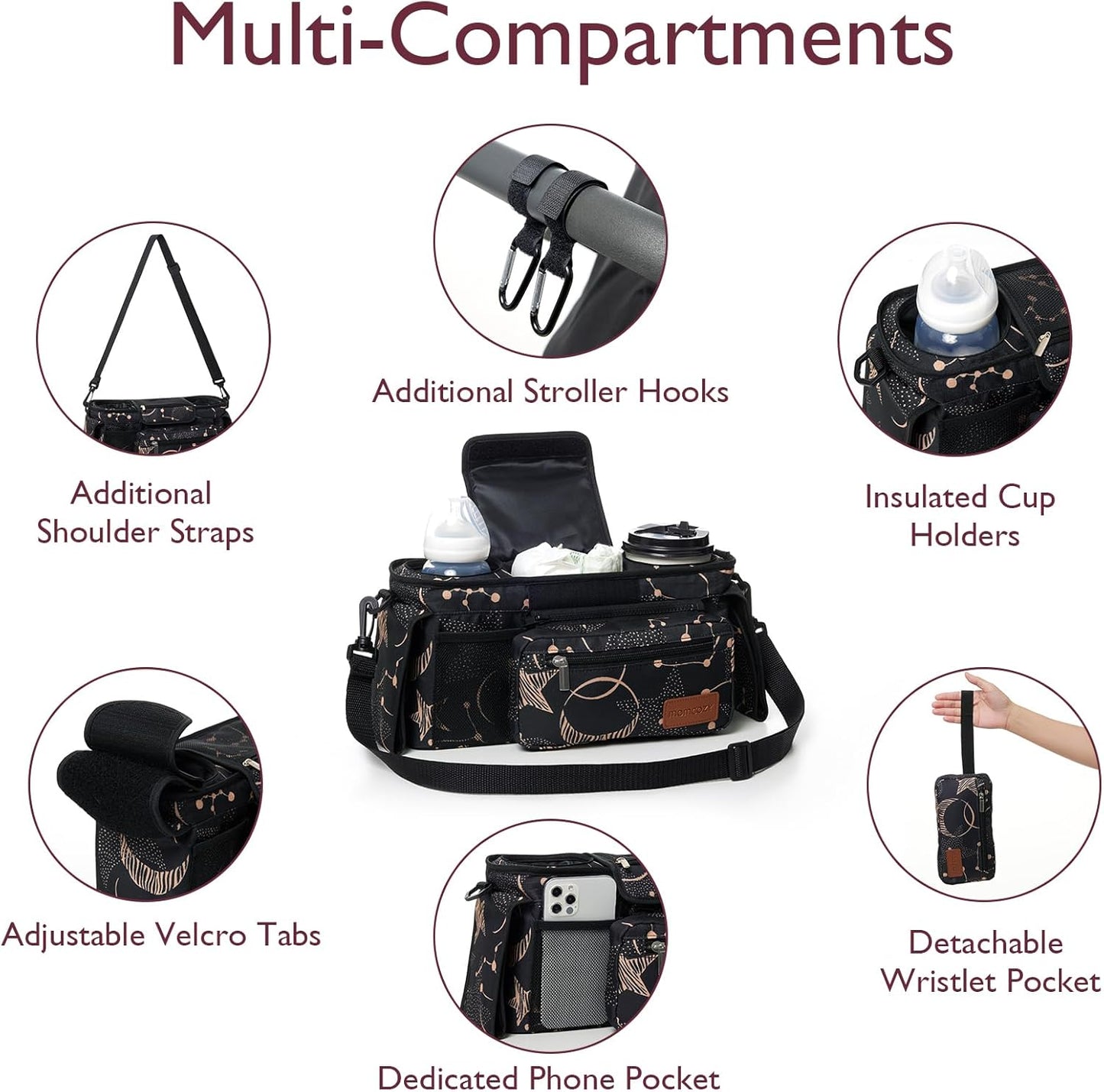 Momcozy Universal Stroller Organizer with Insulated Cup Holder Detachable Phone Bag & Shoulder Strap, Fits for Stroller like Uppababy, Baby Jogger, Britax, BOB, Umbrella and Pet Stroller