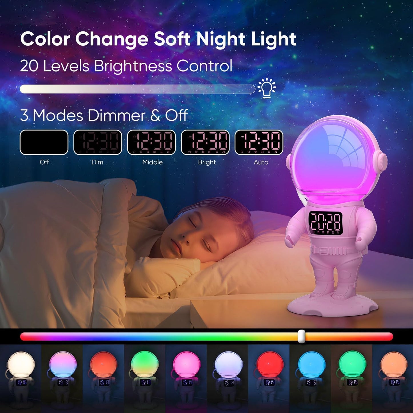 Astronaut Sunrise Alarm Clock for Kids, White Noise Sound Machine with 30 Soothing Sounds, 22 Dimmable Nightlights, Bluetooth Speaker, Dual Digital Alarm Clocks, Wake Up Light for Bedroom, Adults