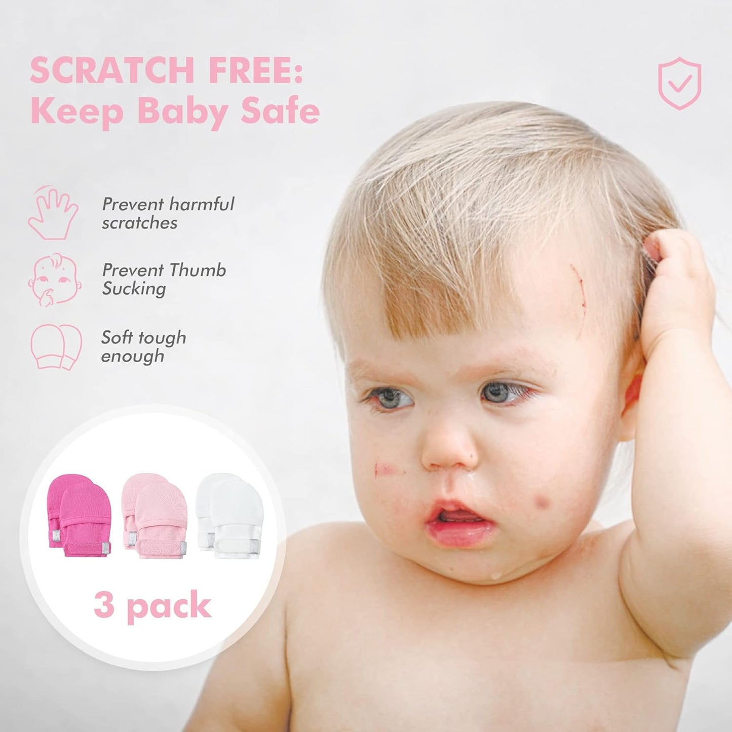 HAPIU Baby No Scratch Mittens Stay On, 100% Cotton Breathable, Adjustable Infant Gloves for Boys Girls, Newborn - 12 M