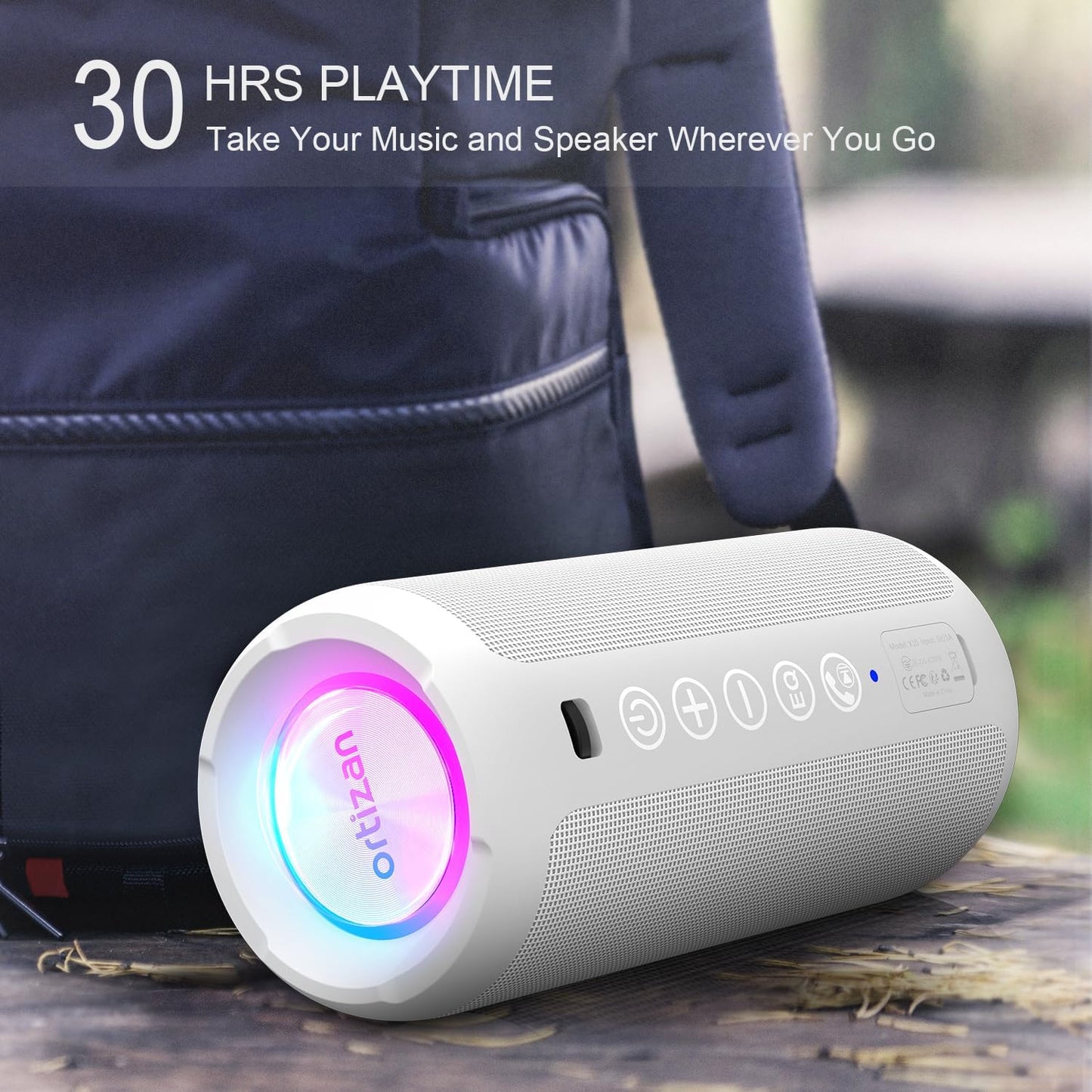 Ortizan Portable Bluetooth Speaker: IPX7 Waterproof, 24W Loud Sound, Deep Bass, Bluetooth 5.3, LED Lights, Wireless Stereo Pairing, 30H Playtime, for Home/Outdoor/Party/Beach, Birthday Gift (White)