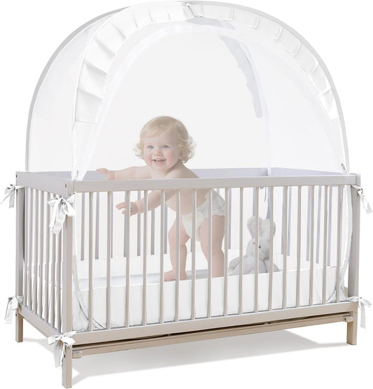 Lazyzzzz Baby Crib Tent - Pop Up Crib Canopy with Double Zipper Self-Locked,1200 Holes/Inch Mesh Crib Net to Keep Baby from Climbing Out, Portable Easy Install 55" L x 27" W x 51" H White