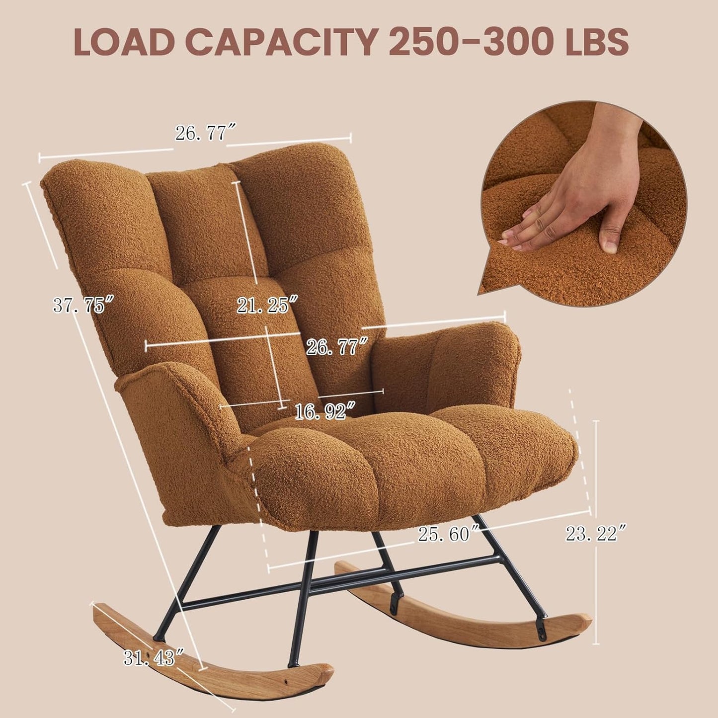 Rocking Chair Nursery Teddy Upholstered Glider Rocker Rocking Accent Chair Padded Seat with High Backrest Armchair Comfy Side Chair for Living Room Bedroom Offices (Brown Teddy)