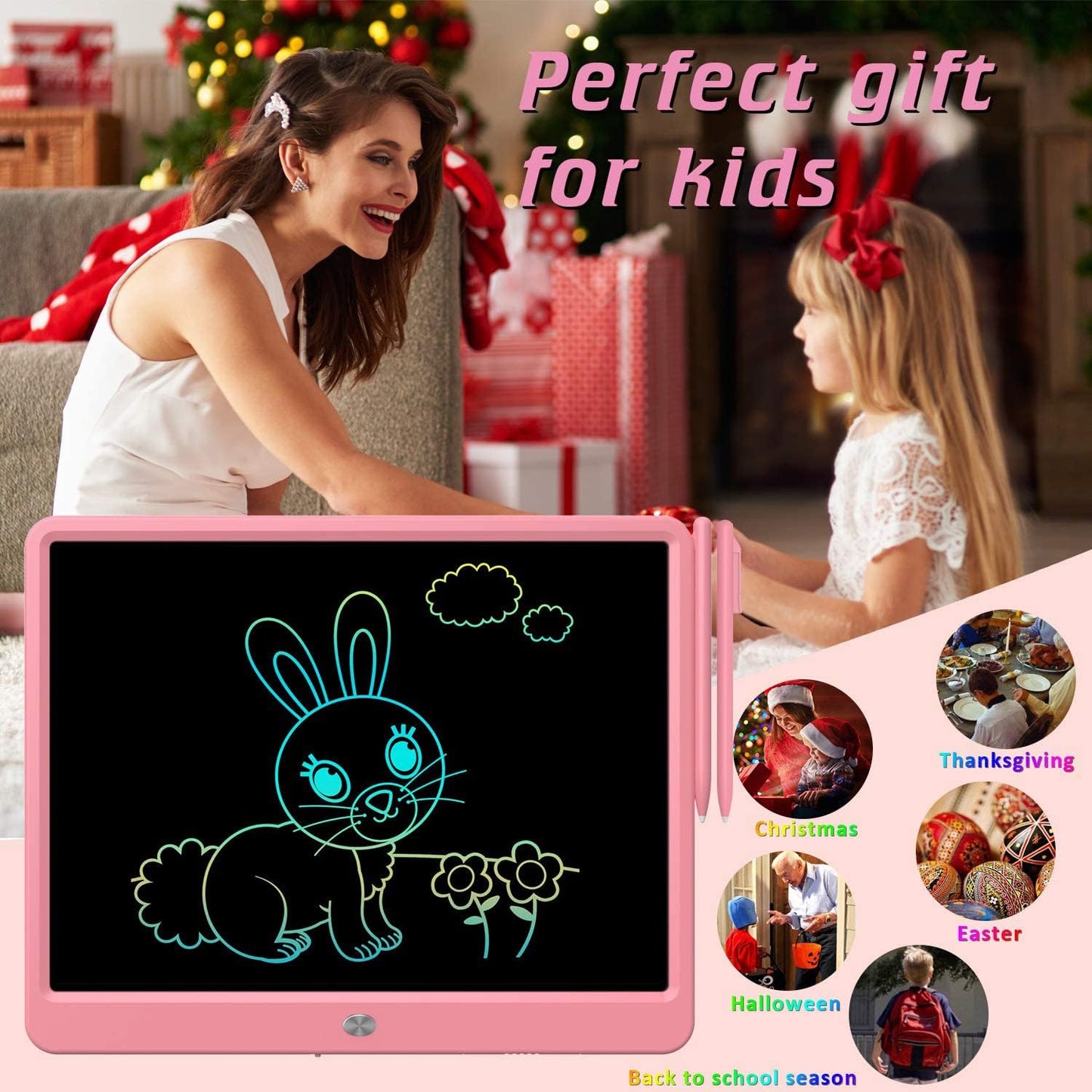FLUESTON LCD Writing Tablet, Doodle Board Toys Gifts for 3-8 Year Old Girls Boys, 15 Inch Colorful Electronic Board Drawing Pad for Kids, Gifts for Toddler Educational Learning Travel Birthday, Pink