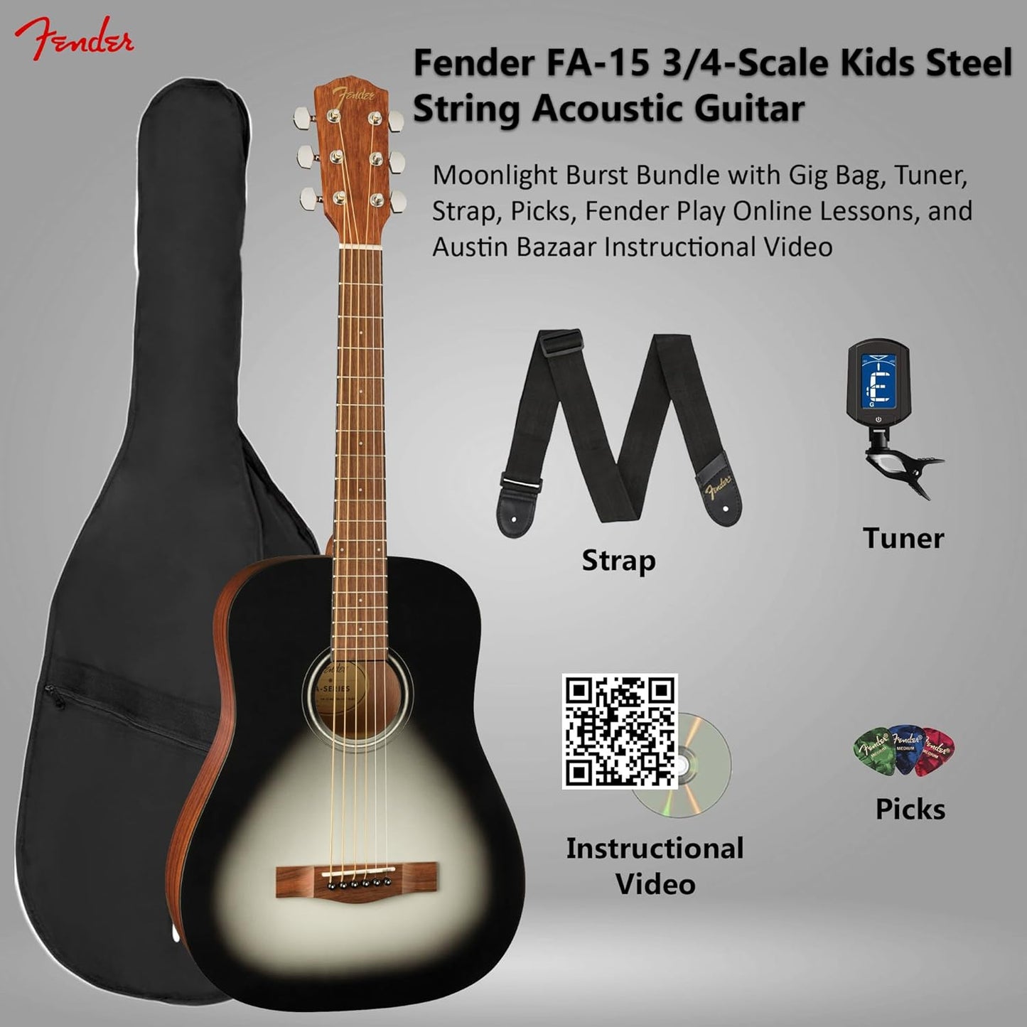 Fender FA-15 3/4-Scale Kids Steel String Acoustic Guitar - Moonlight Burst Bundle with Gig Bag, Tuner, Strap, Picks, Fender Play Online Lessons, and Austin Bazaar Instructional DVD