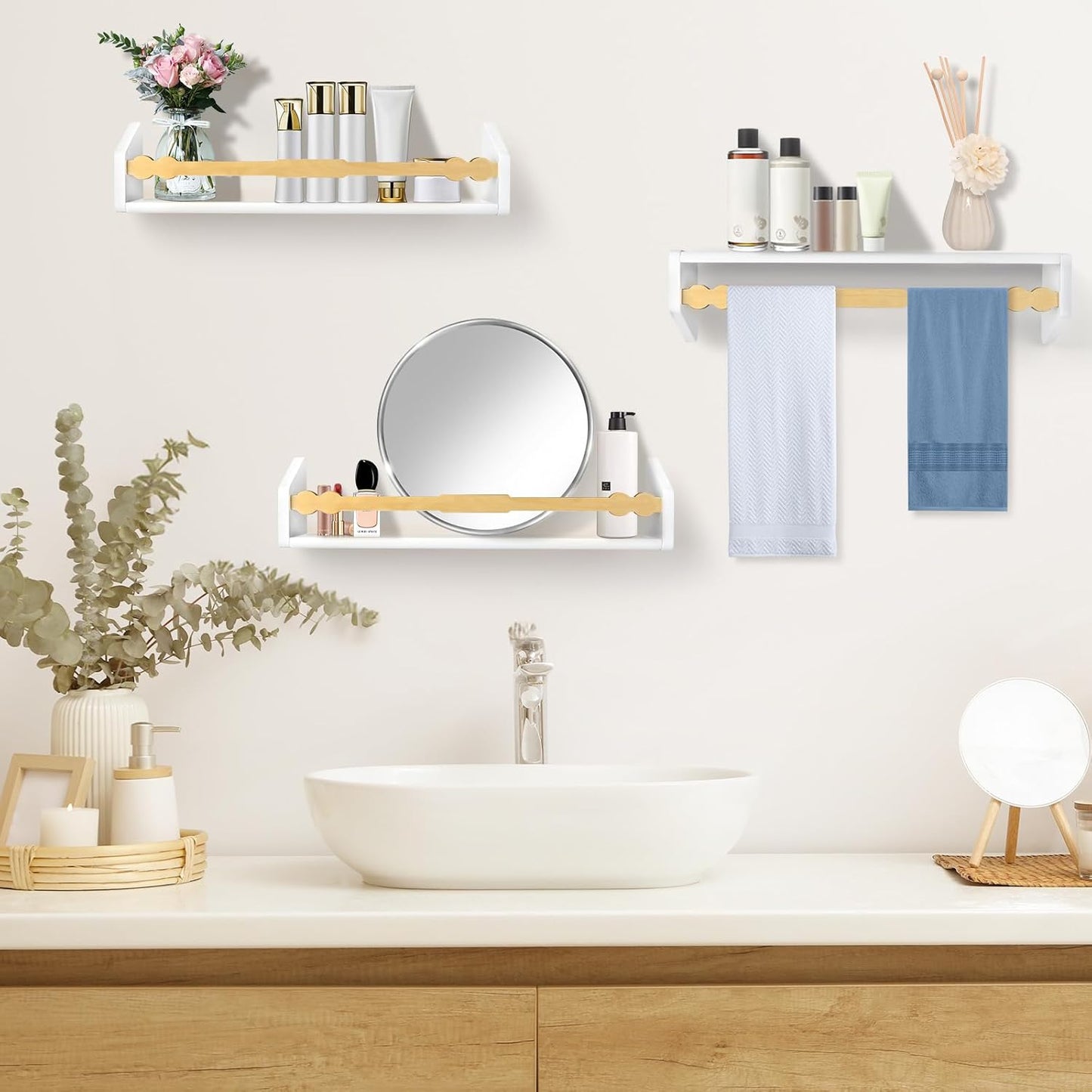 comfoyar Nursery Book Shelves Set of 3, 15.7 Inch Solid Pine Floating Shelves for Wall, Hanging Bookshelf for Kids Boys Girls Baby, Decoration for Bedroom Kitchen Bathroom Playroom, White and Natural