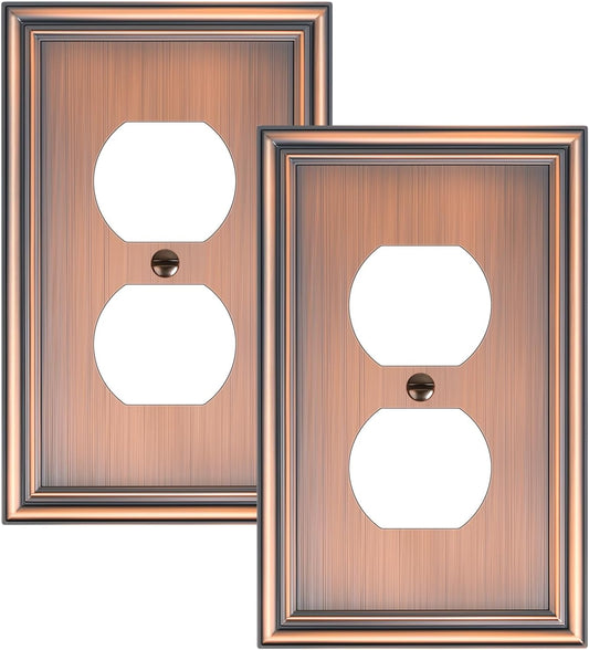 2-Pack Single Duplex Outlet Cover Plate, Decorative Antique Copper Switch Plates and Outlet Covers, Metal Wall Plates for Electrical Outlets, 1 Gang Receptacle Cover, Corrosion Resistant