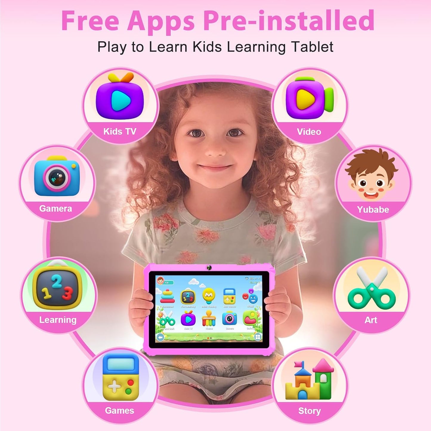 YINOCHE Kids Tablet 7 inch Toddler Tablet for Kids 3-7 32GB Android Tablets for Toddlers with Case WiFi Parental Control Dual Camera GMS Certified Toddler Learning Tablets for Children (Pink)