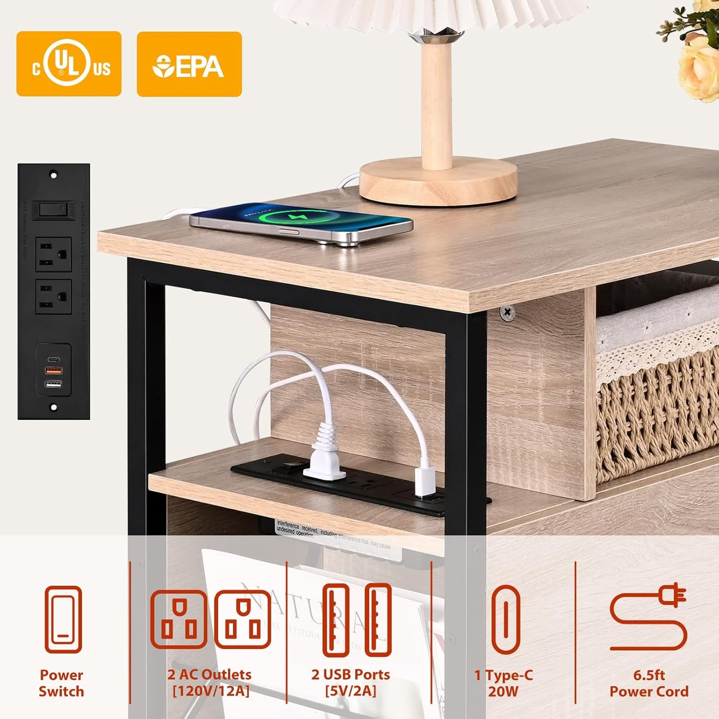 Side Tables with Charging Station, Narrow End Table with 2 Wooden Drawers, USB Ports and Power Outlets, Narrow Nightstand and Bedside Table, Side Tables Living Room, Bedroom, Greige
