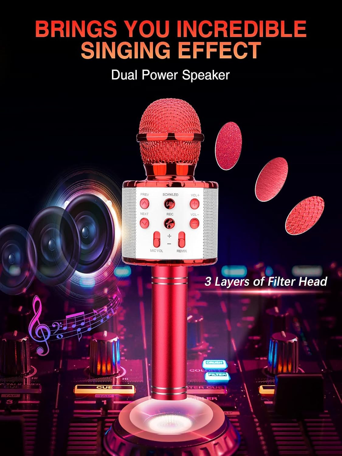 BlueFire 4 in 1 Karaoke Wireless Microphone with LED Lights, Portable Microphone for Kids, Great Gifts Toys for Kids, Girls, Boys and Adults (Red)