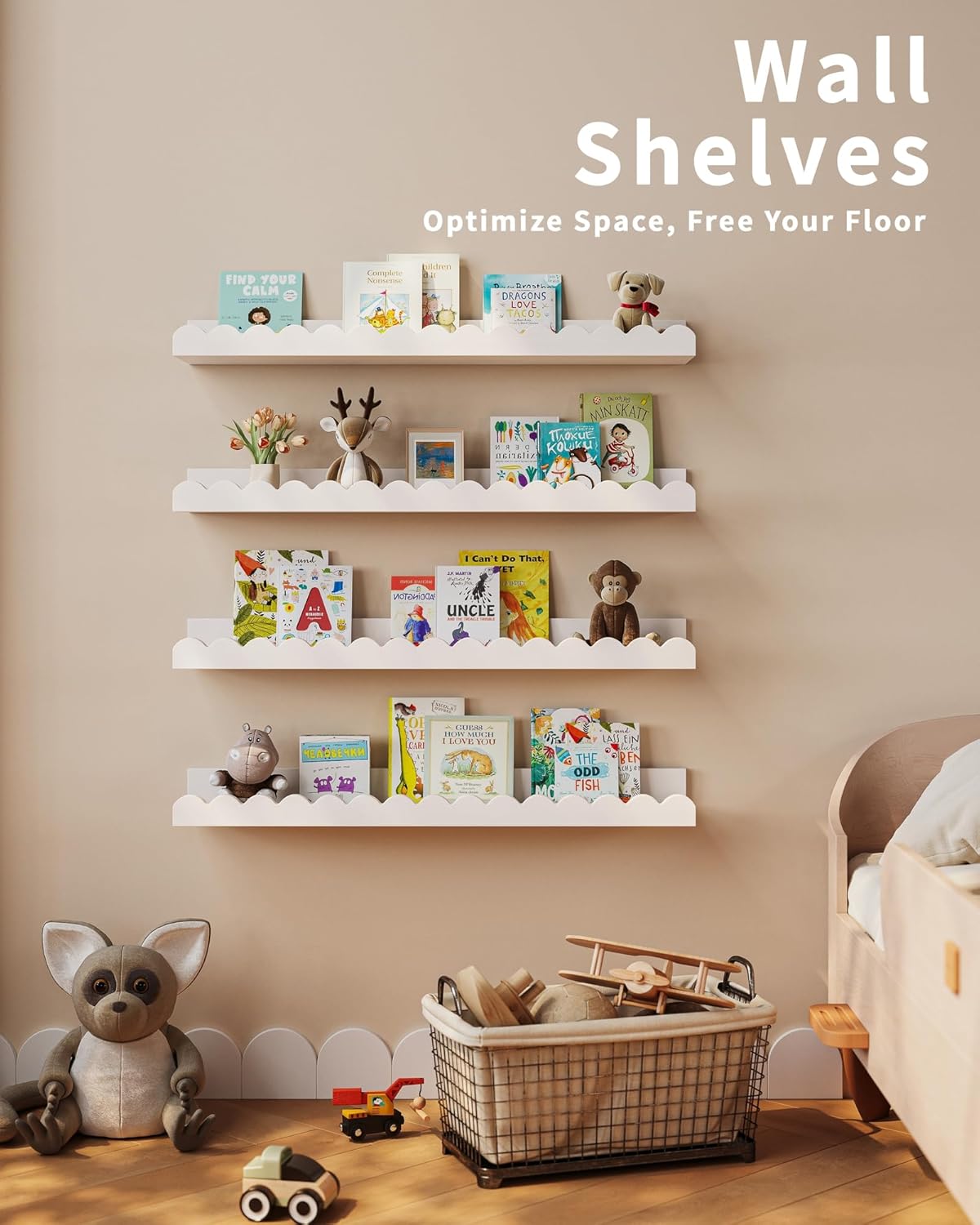 Nursery Book Shelves, 4-Pack White Floating Shelves for Wall Kids, Scalloped Shelves, Wall Book Shelves for Bedroom Kids, Toddler Room, Baby Room, Nursery Decor