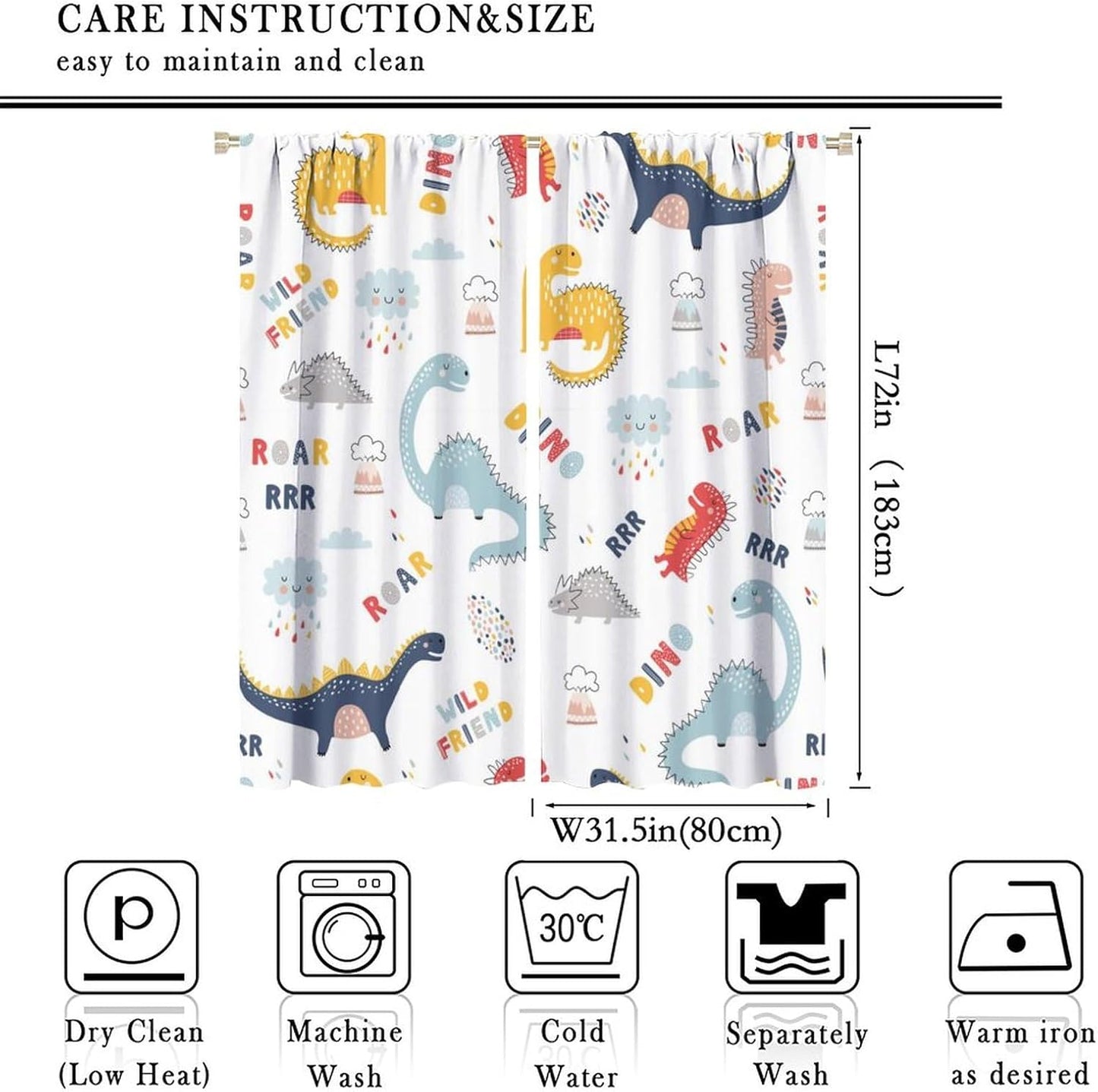 Cartoon Dinosaur Curtains for Kids Boys Girls Home Decor Colorful Cute Dino Animals Print Pattern Rod Pocket Blackout Window Drapes for Nursery Baby Bedroom Playroom W31.5xL72in 2 Panels