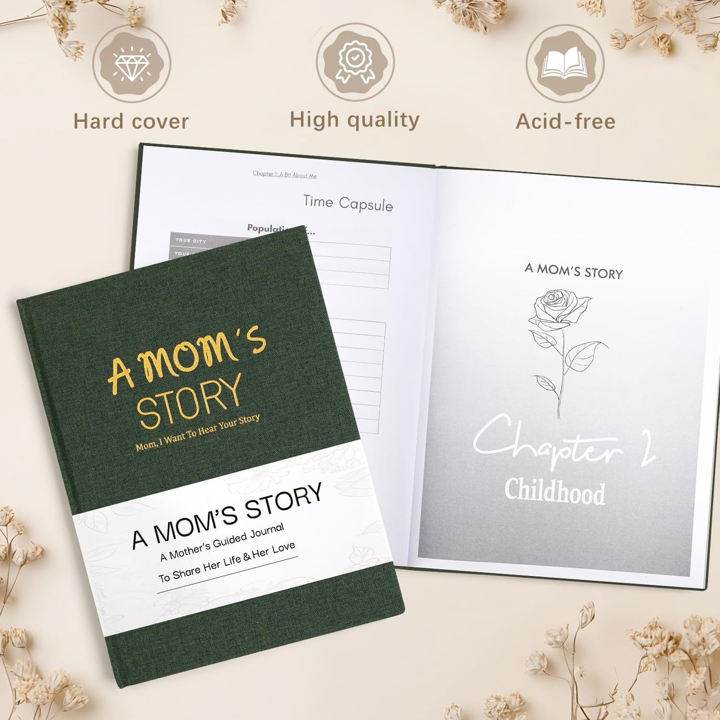 Artmag Mom's Life Story Journal Family Keepsake Book Linen Hardcover for Mom to Share Her Memories, with 250+ Prompt Questions Book Gift for Birthday Mother's Day Christmas (Dark Green)