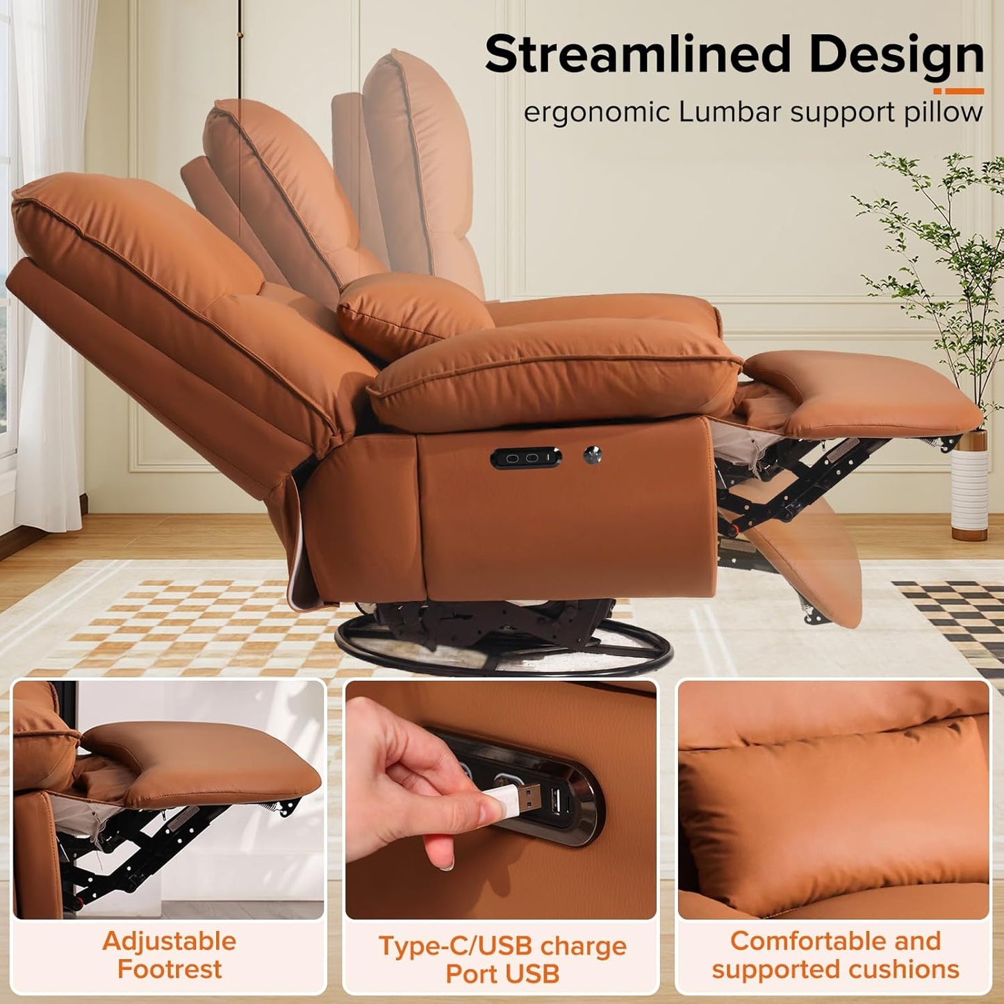 Rocking Chair Nursery with Power Adjustable, Electric Glider Recliner Nursing Chair for Breastfeeding with USB Port and Storage (Orange)