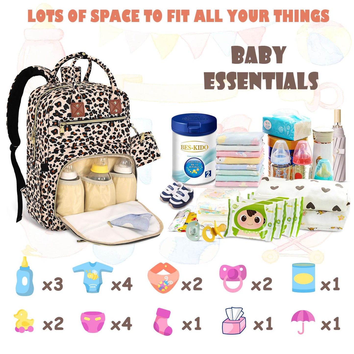 Baby Diaper Bag Backpack Travel Diaper Bags for Baby Girl Boy Large Capacity Baby Bag Backpack for Women Leopard Print