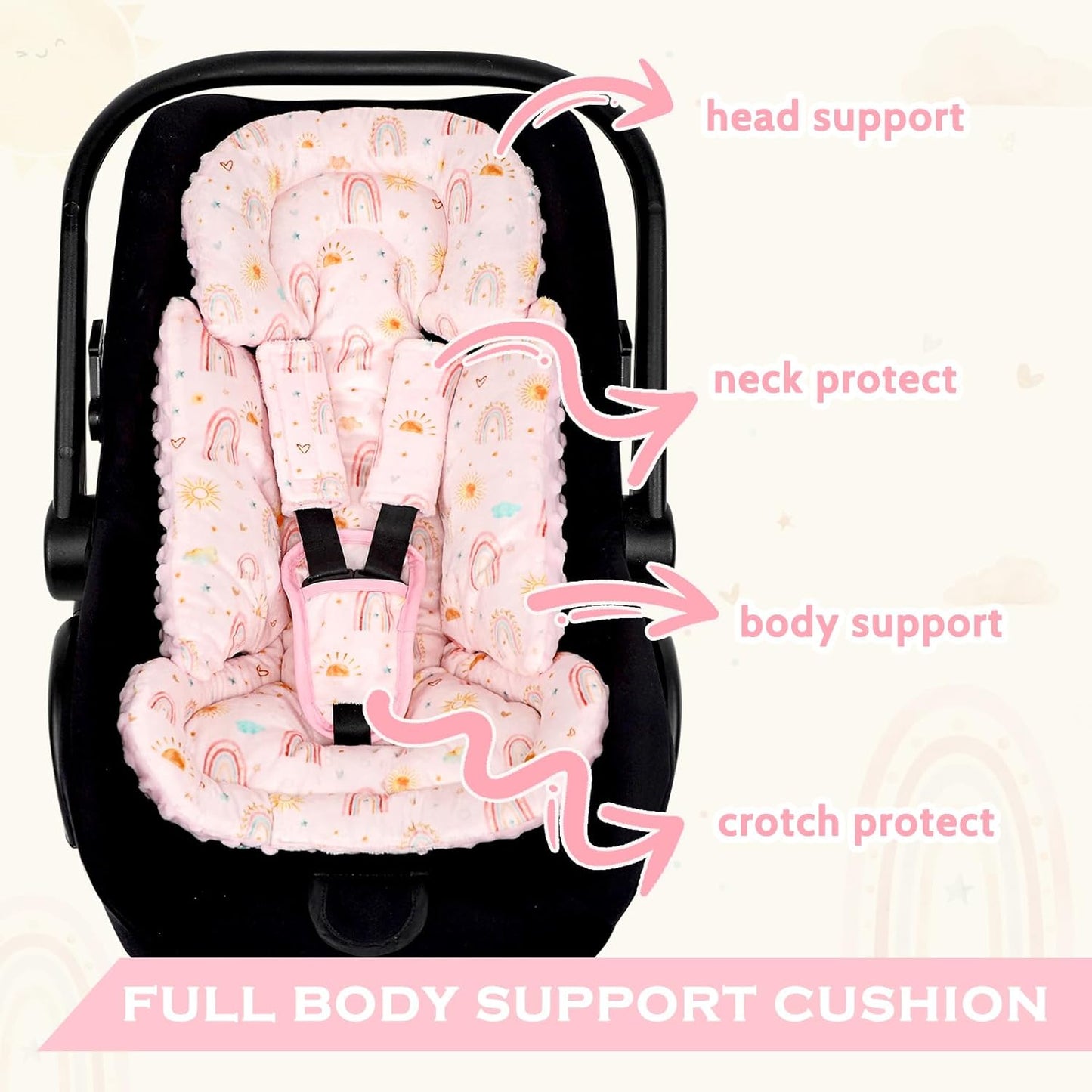 Infant Car Seat Insert and Strap Covers, Very Soft Car Seat Head Support Baby Girl Boy, Reversible Newborn Carseat Insert Cushion Fits for Stroller, Baby Swing, Bouncer (Pink Rainbow)