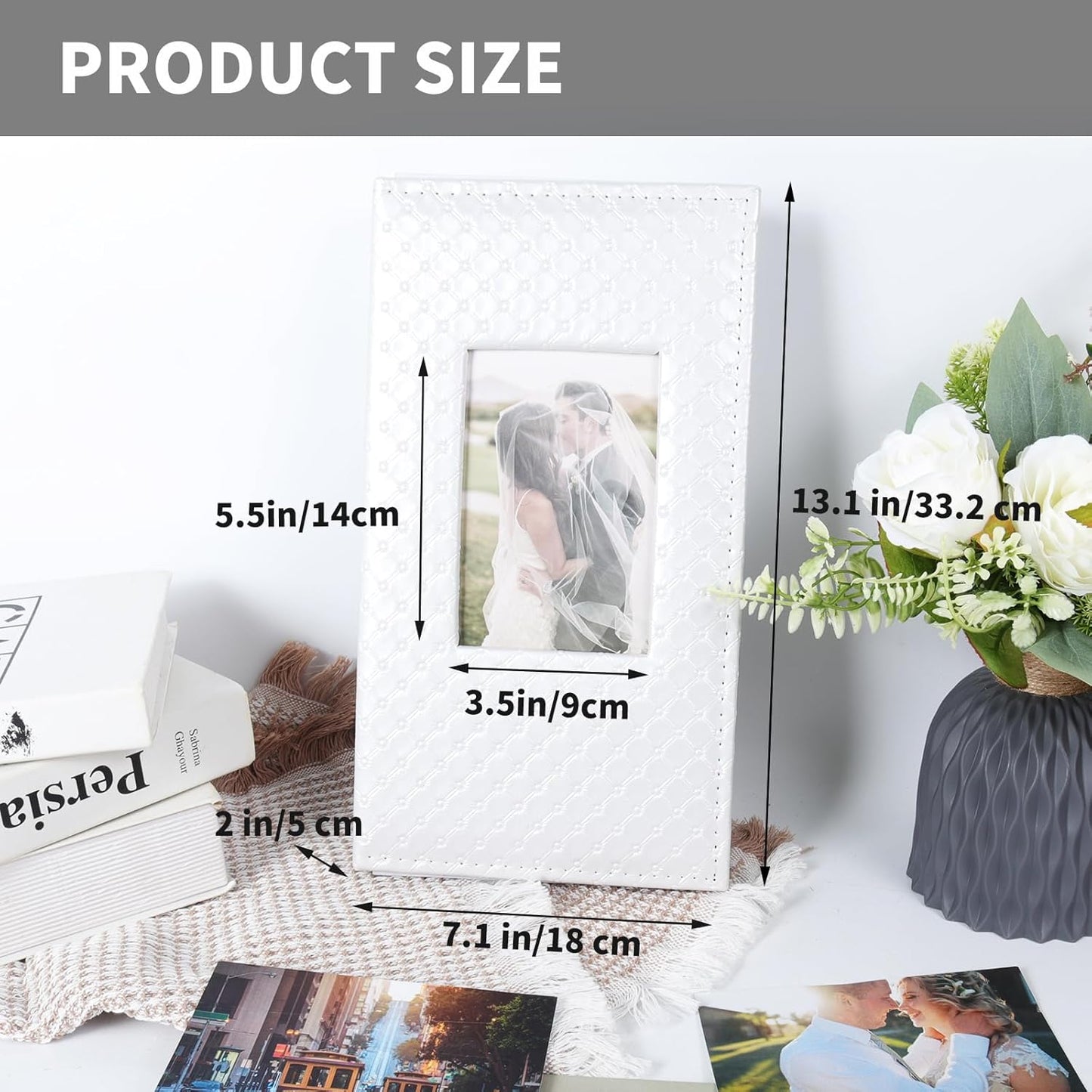 RECUTMS Photo Albums for 4x6 Photos Holds 300, 3 Per Pages Photo Picture Album PU Leather Button Grain Cover, Horizontal Photos Record Family Wedding Anniversary Baby Holiday Travel Album White