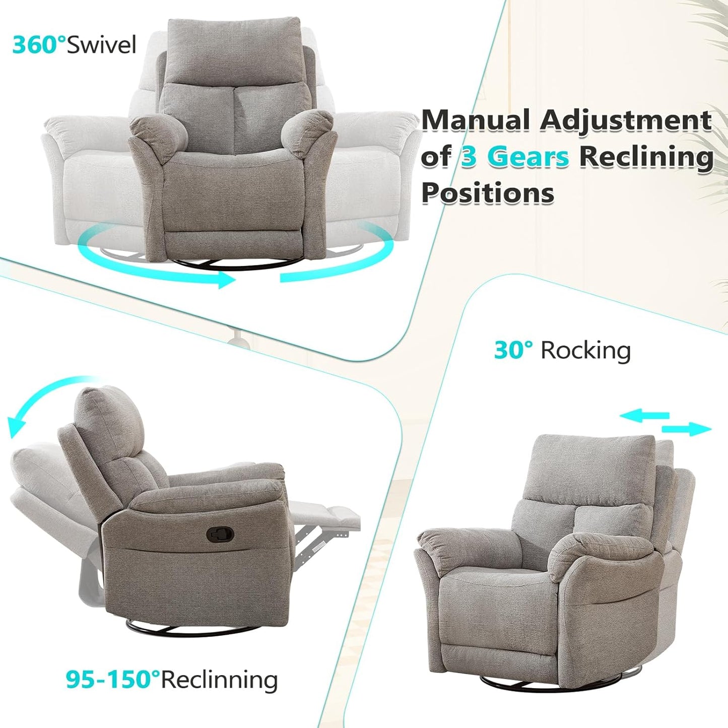 ANJ Manual Fabric Recliner Chair Set of 2, Swivel Rocker Glider, Silver