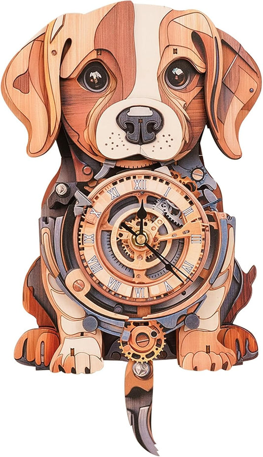 Cutywood 3D Puzzles for Adults Clock-Beagle Design Model Kit-Mechanical DIY Pendulum Clock with Roman Numerals-Desk Home Office Decor Personalized Gift for DIY Lovers