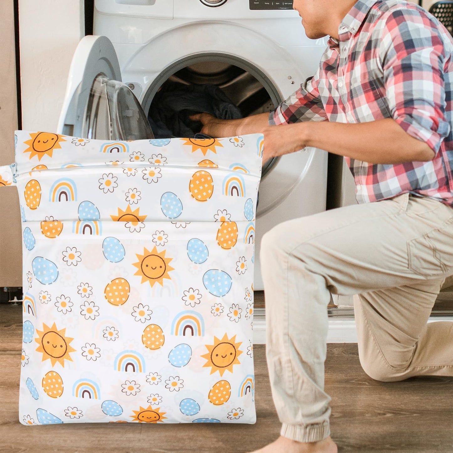 2pcs Travel Waterproof Laundry Bag, Cloth Diaper Wet Dry Bags with Handle 2 Zipper Pockets Washable Dirty Clothes Travelling Hanging Bathing Beach Daycare Yoga Gym Sports Exercise Swimsuits